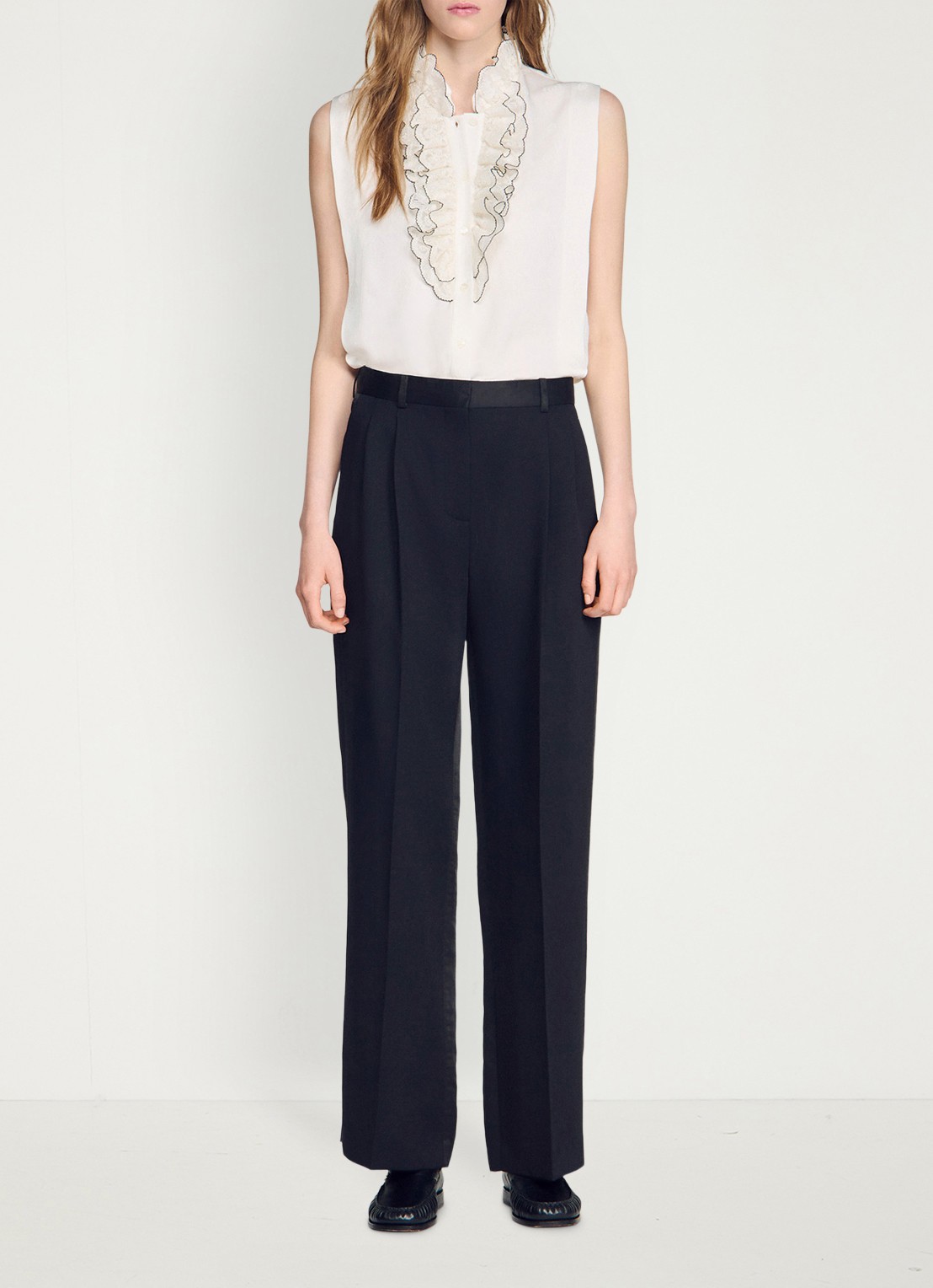 Sandro High waist loose fit pantalon van satijn - detail 6 zwart