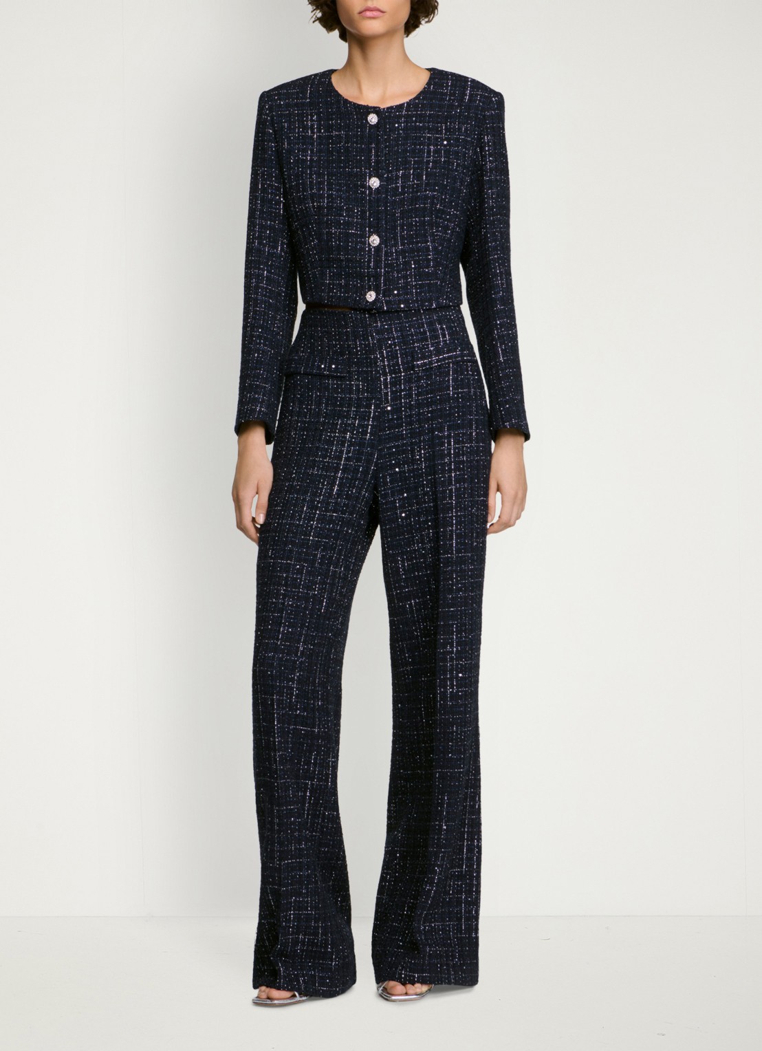 Sandro High waist loose fit pantalon van tweed - detail 3 donkerblauw
