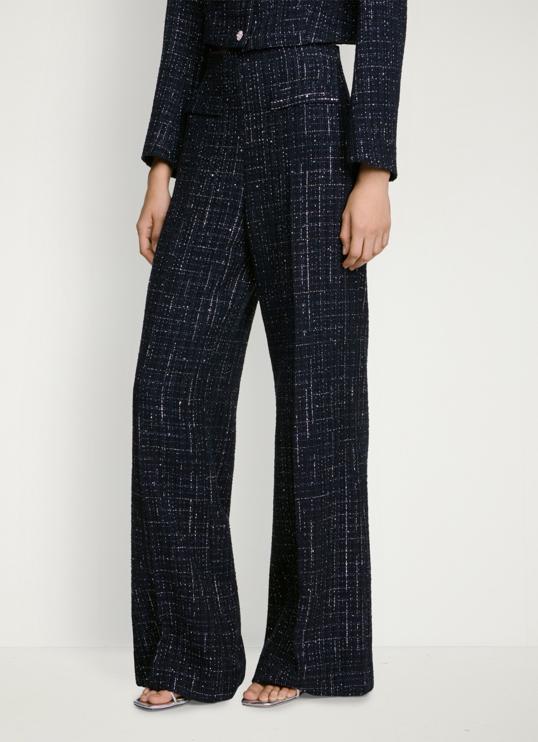 Sandro High waist loose fit pantalon van tweed - detail 5 donkerblauw