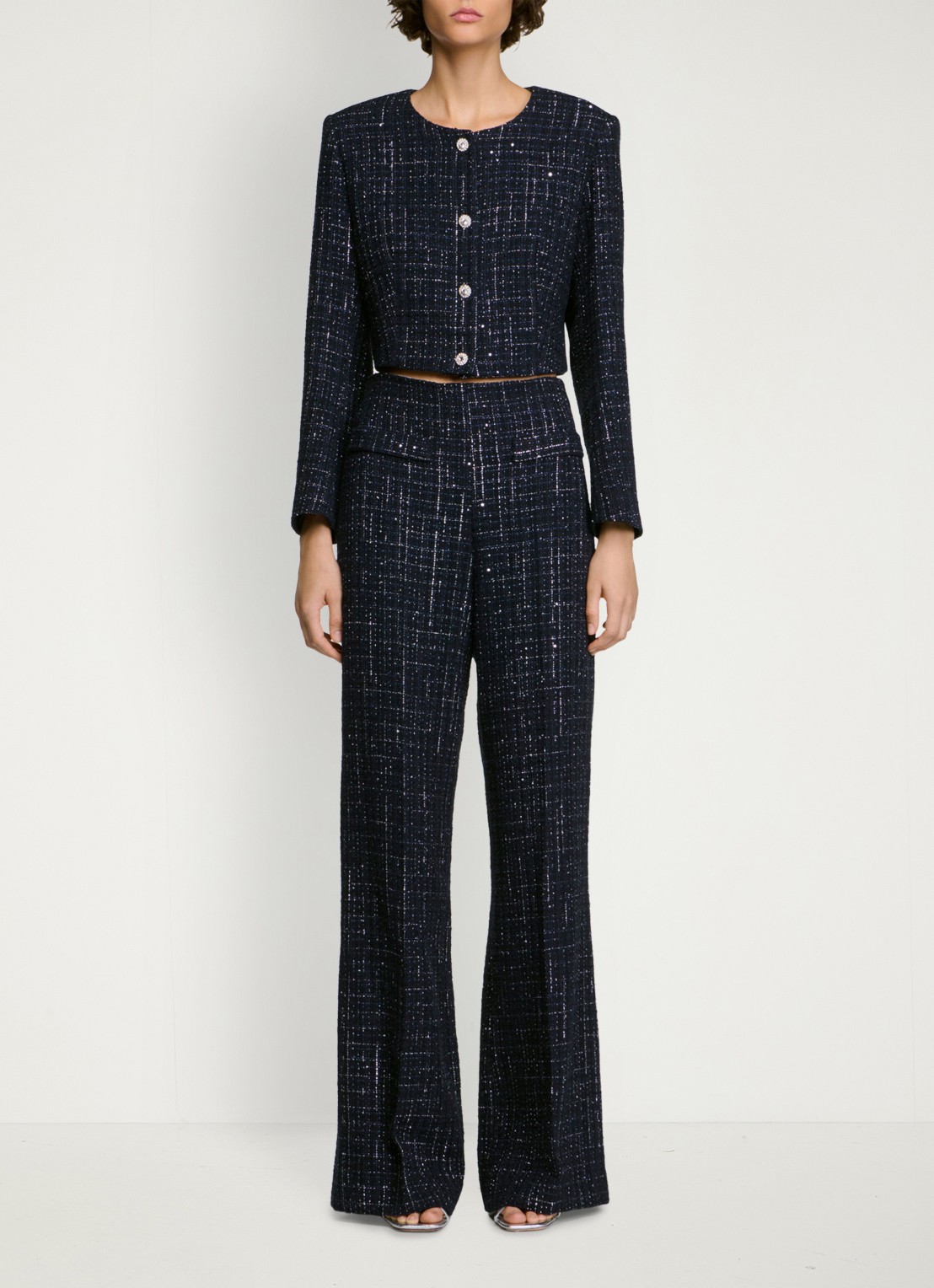 Sandro High waist loose fit pantalon van tweed - voorkant donkerblauw