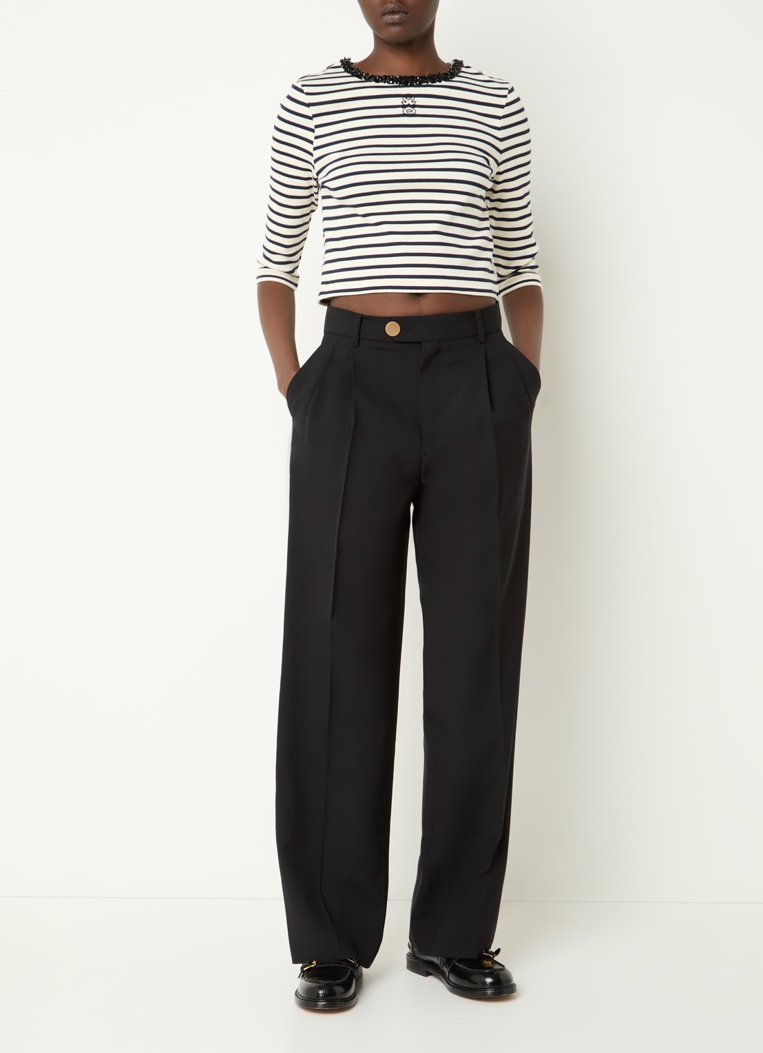 Sandro High waist loose fit pantalon van wol met persplooi - voorkant 4 zwart