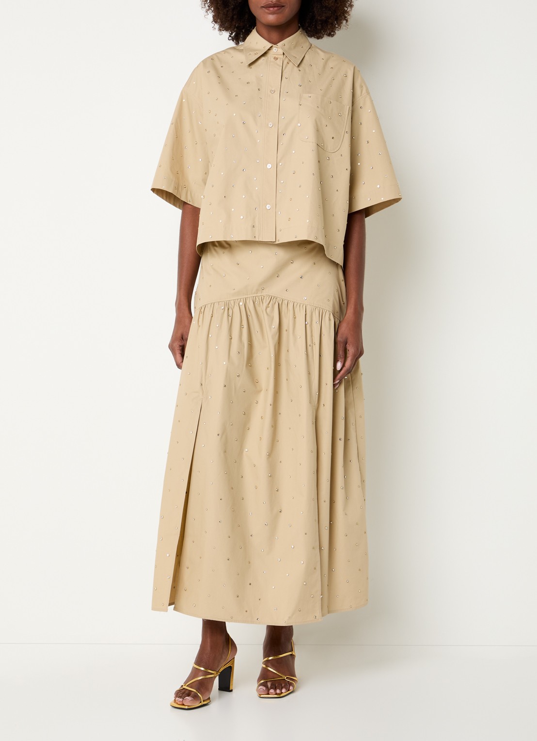 Sandro High waist maxi rok met studs - voorkant 4 beige