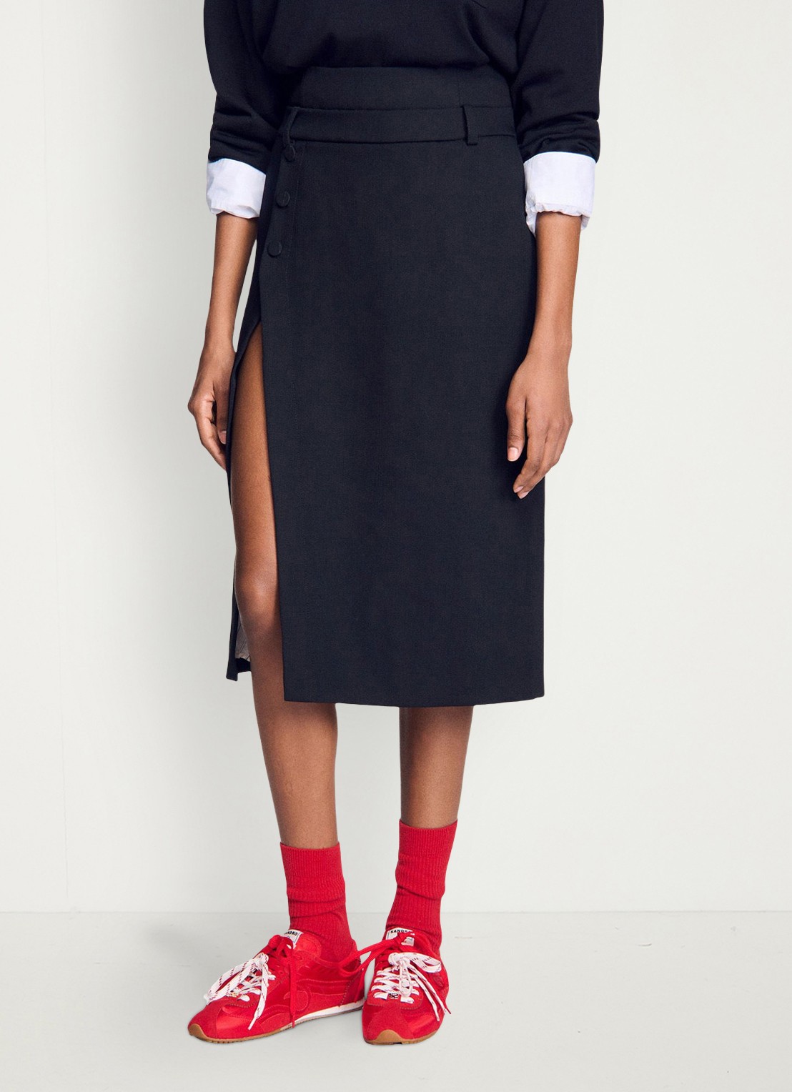 Sandro High waist midi rok van wol met split - detail 3 zwart