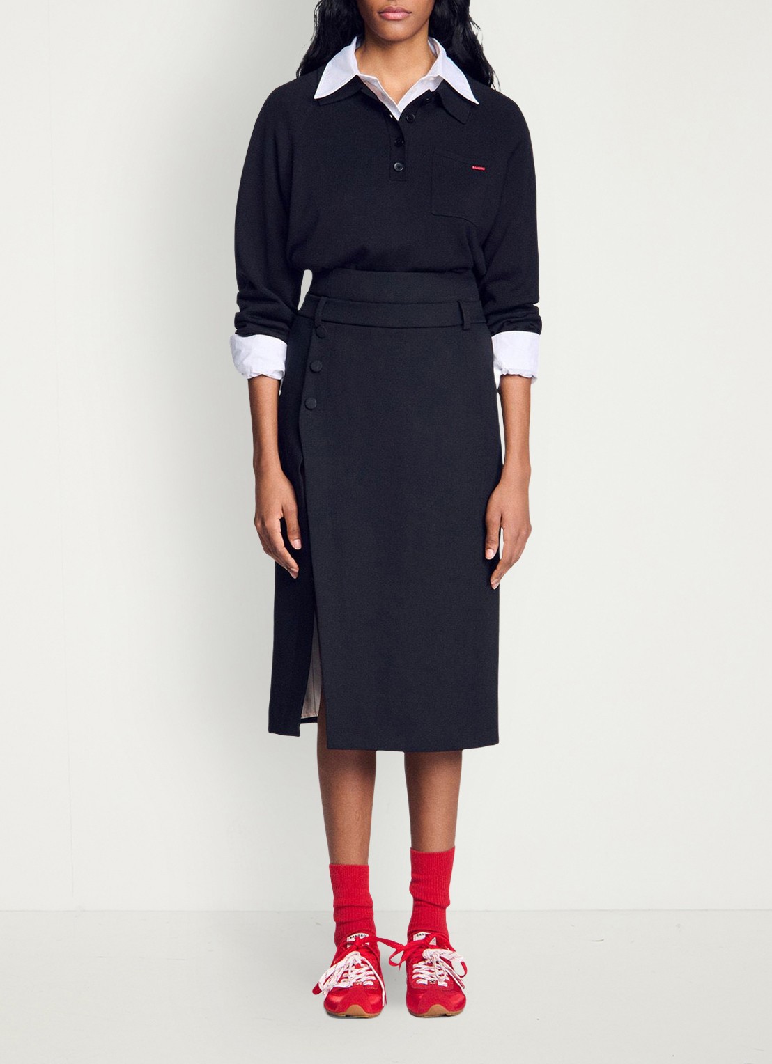 Sandro High waist midi rok van wol met split - detail 4 zwart