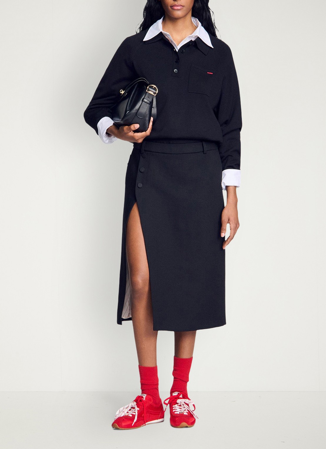 Sandro High waist midi rok van wol met split - voorkant 2 zwart