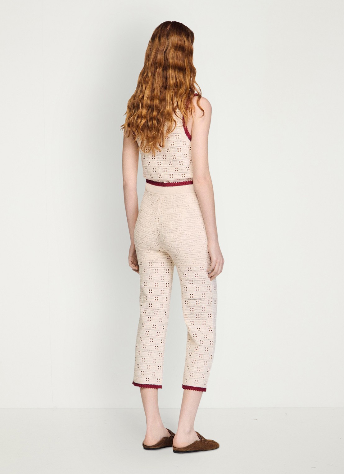 Sandro High waist straight fit broek van crochet - achterkant beige
