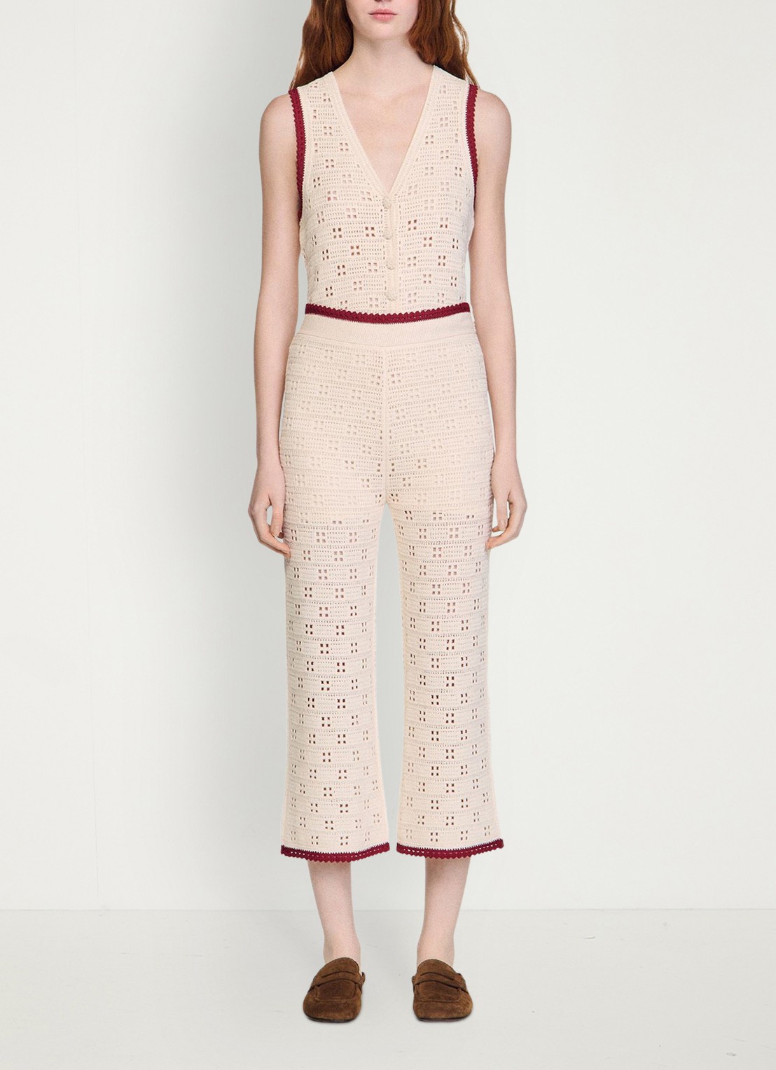 Sandro High waist straight fit broek van crochet - detail 5 beige