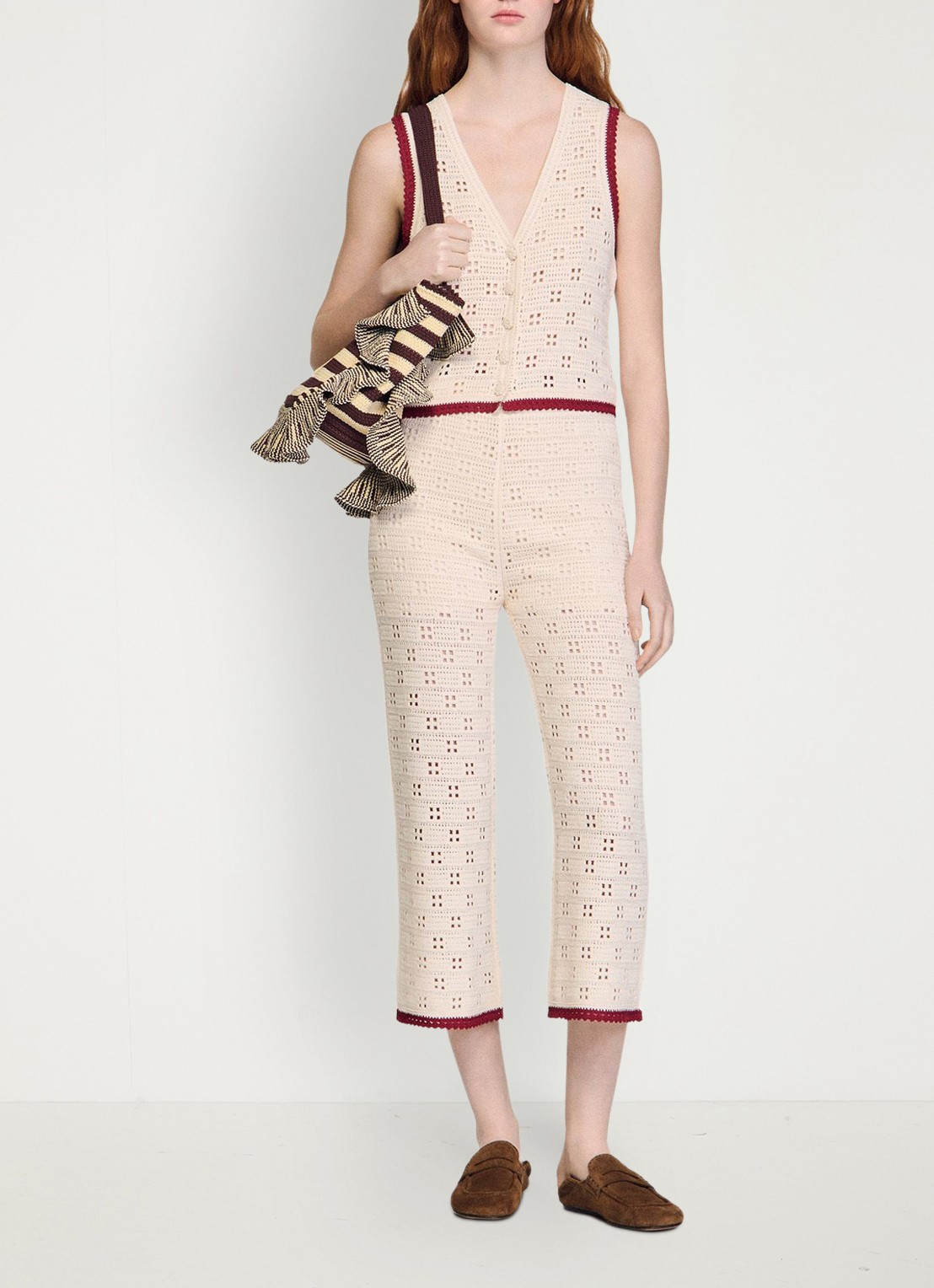 Sandro High waist straight fit broek van crochet - voorkant 7 beige