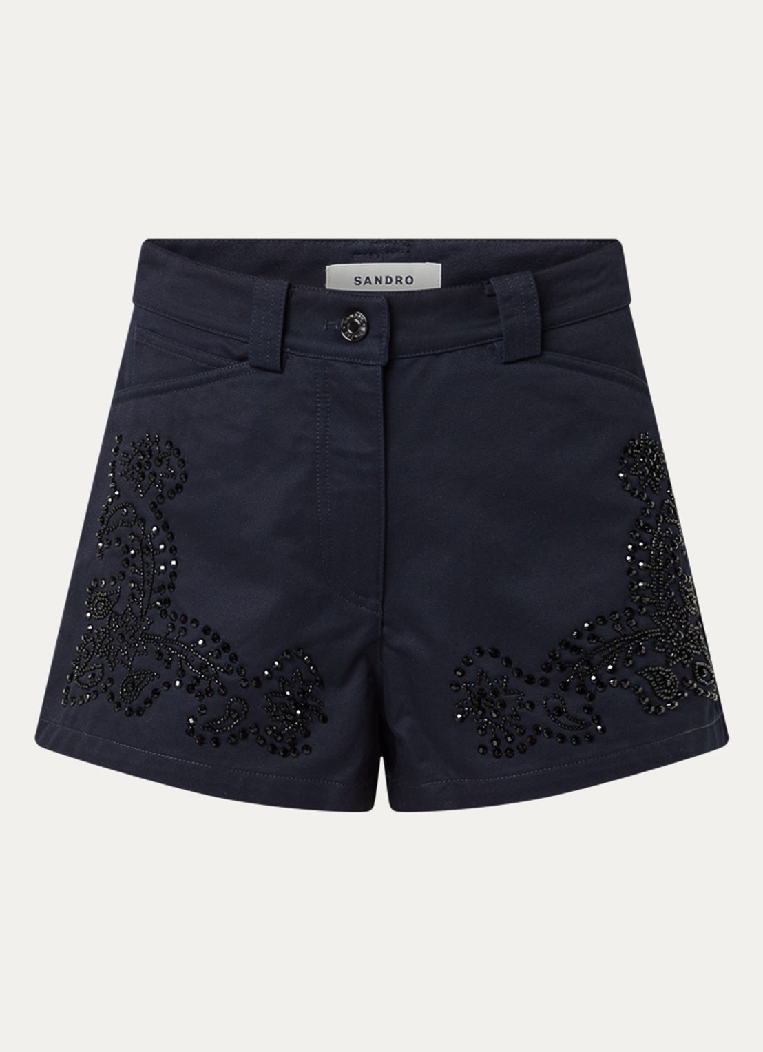 Sandro High waist straight fit korte broek met strass - voorkant donkerblauw
