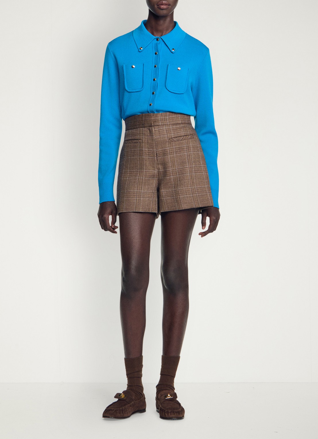 Sandro High waist straight fit korte broek van wol met ruitdessin - voorkant bruin