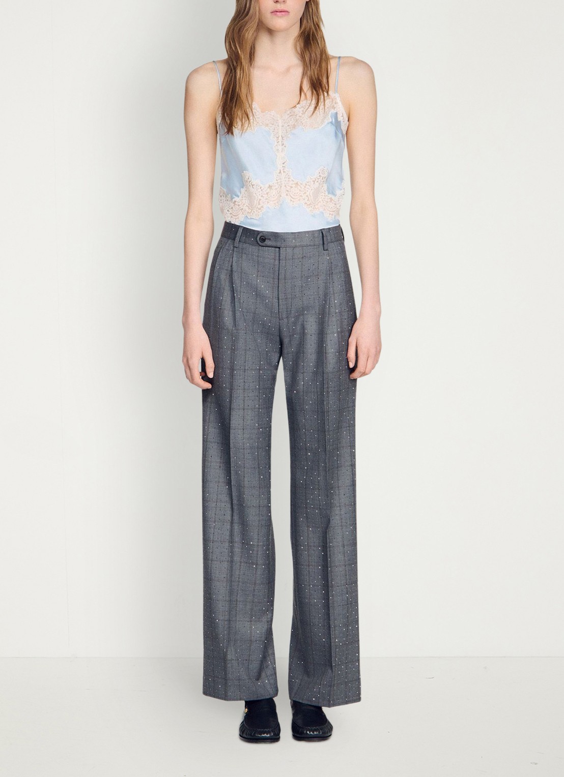Sandro High waist straight fit pantalon met ruit dessin - detail 6 dark grey / grijs