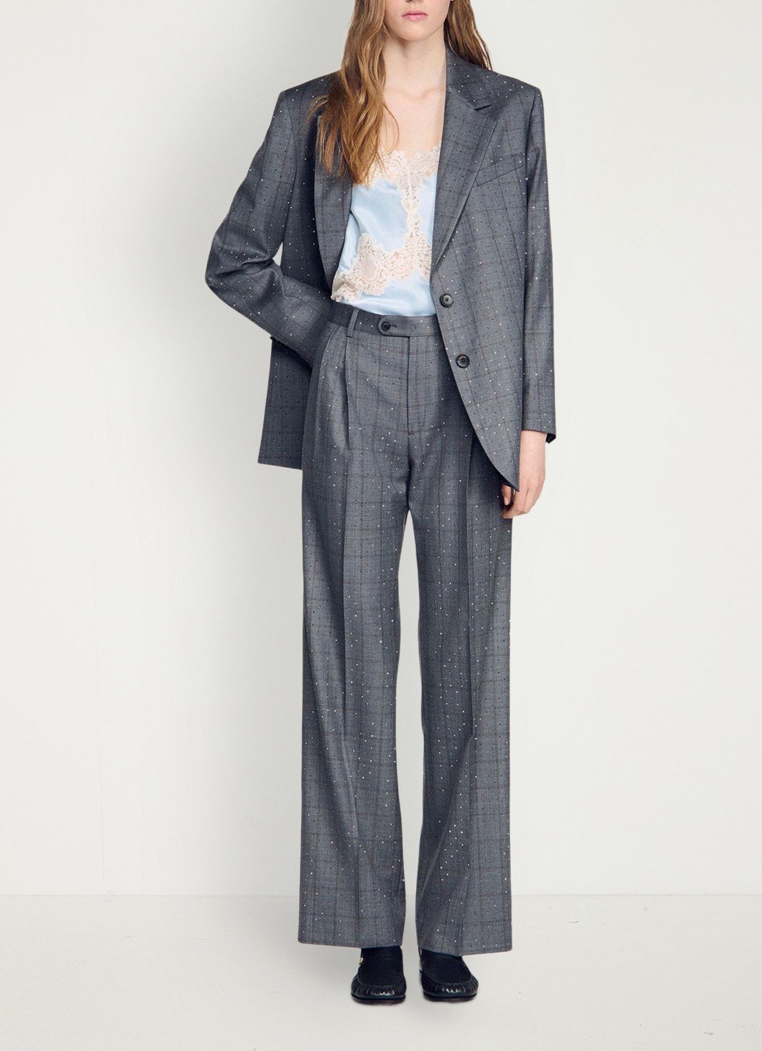 Sandro High waist straight fit pantalon met ruit dessin - voorkant 2 dark grey / grijs
