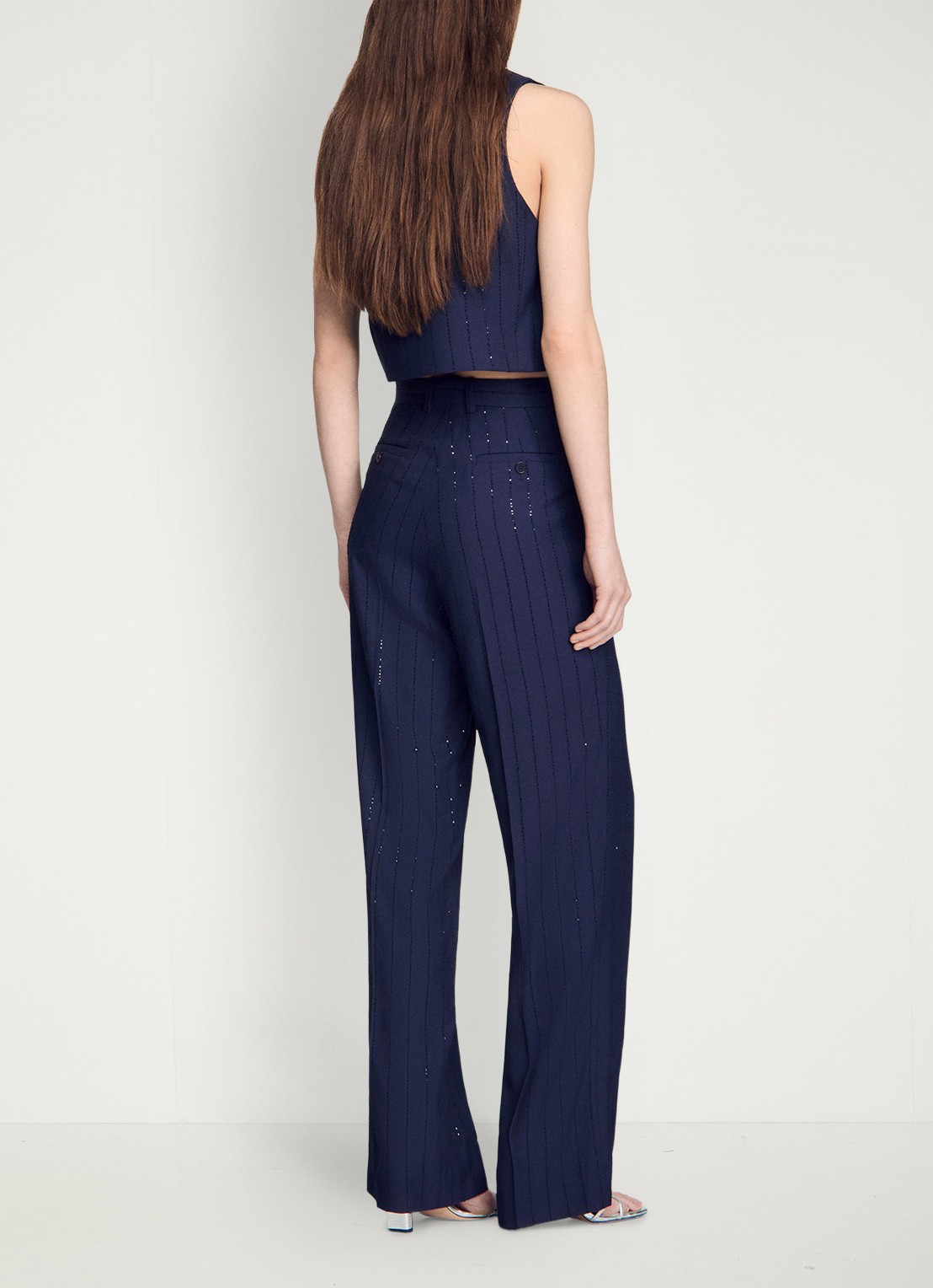 Sandro High waist straight fit pantalon met strass - achterkant 3 donkerblauw
