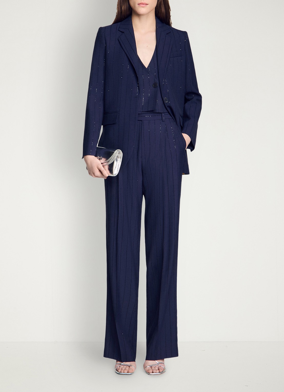Sandro High waist straight fit pantalon met strass - detail 4 donkerblauw