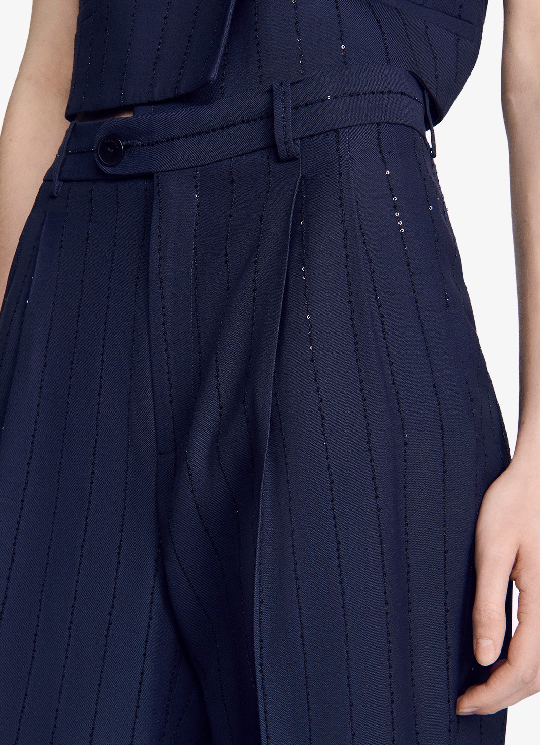 Sandro High waist straight fit pantalon met strass - detail 5 donkerblauw