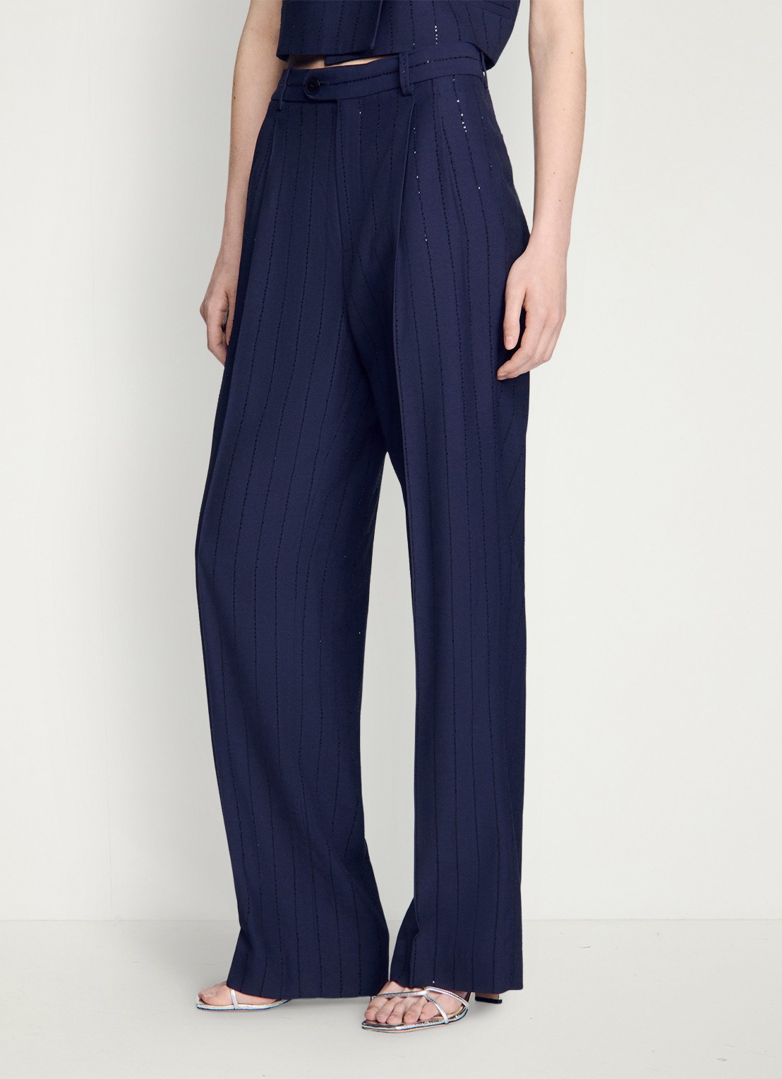 Sandro High waist straight fit pantalon met strass - detail 6 donkerblauw