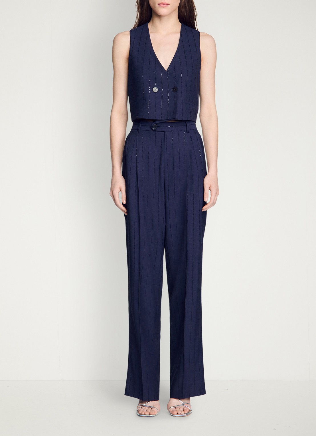 Sandro High waist straight fit pantalon met strass - voorkant donkerblauw
