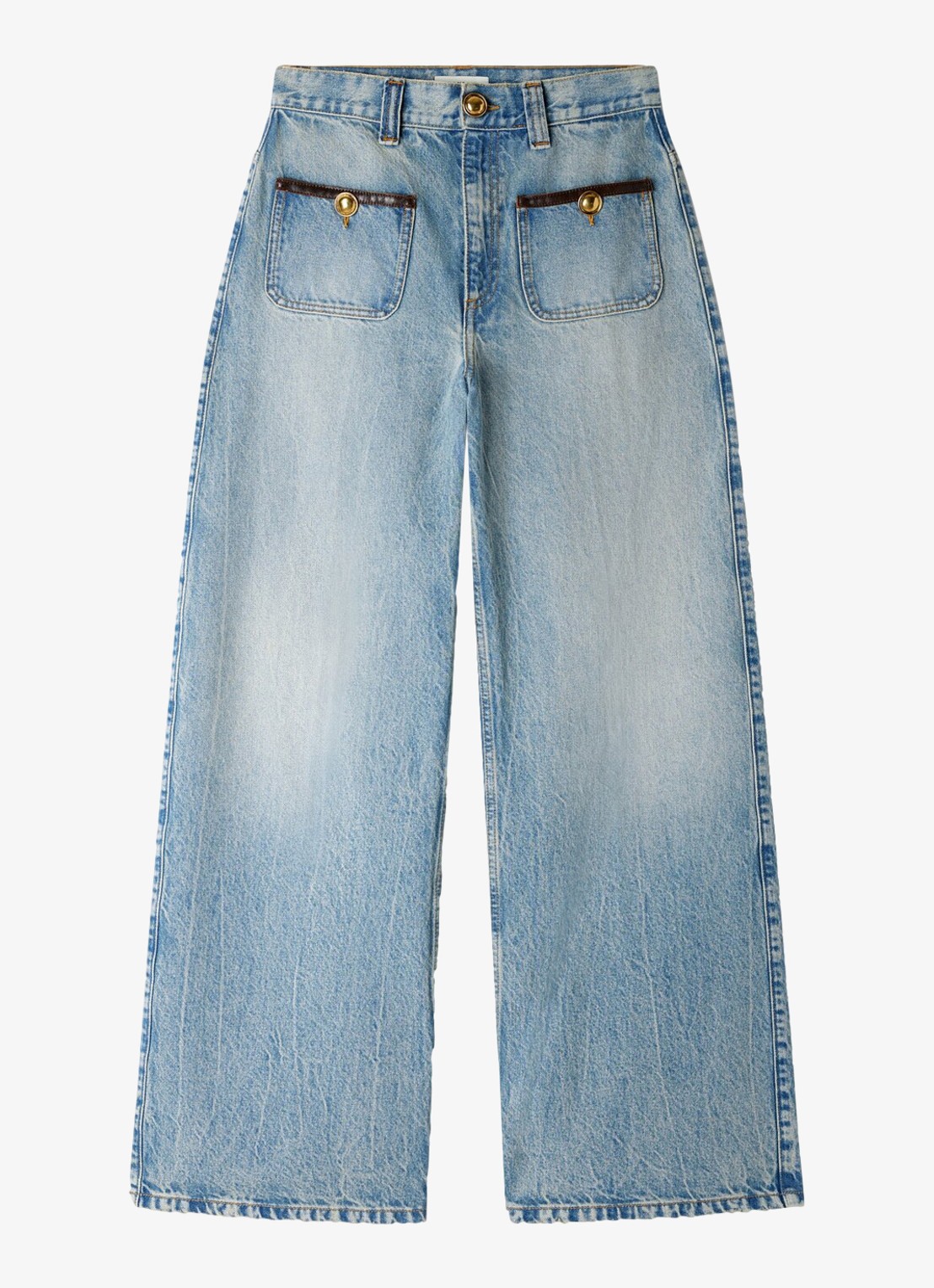 Sandro High waist straight leg broek van denim met lichte wassing en opgestikte zakken - voorkant 5 blue jean / blauw