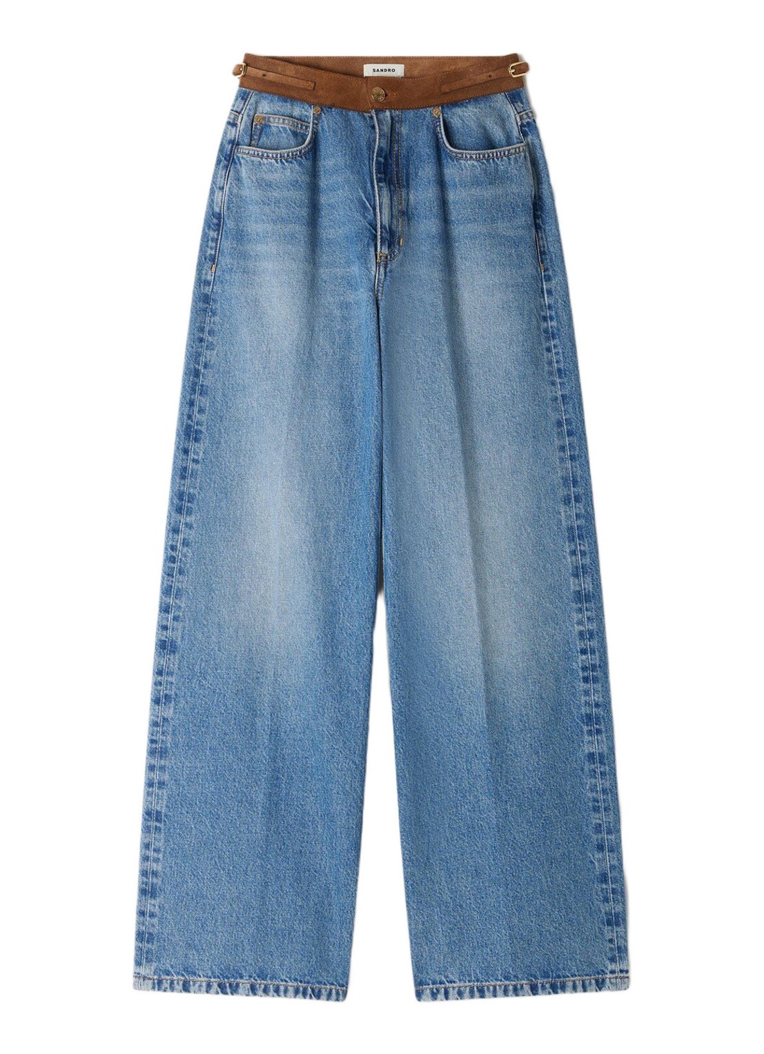 Sandro High waist straight leg jeans met details van leer - voorkant indigo