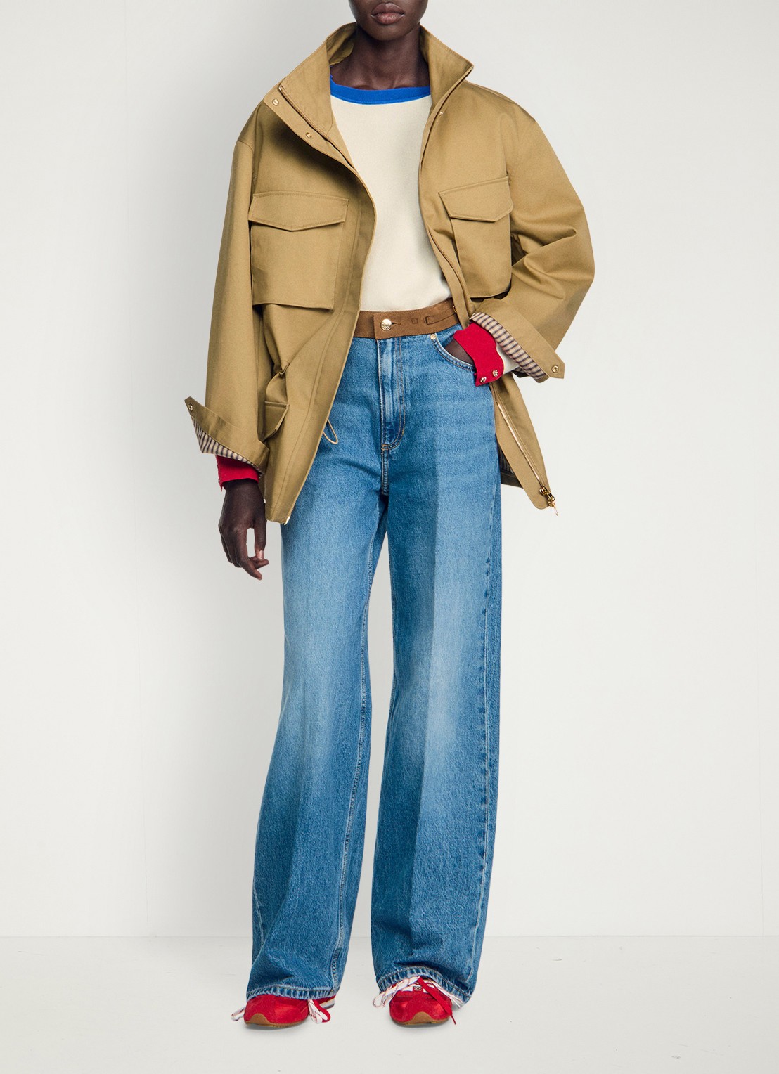 Sandro High waist straight leg jeans met details van leer - detail indigo