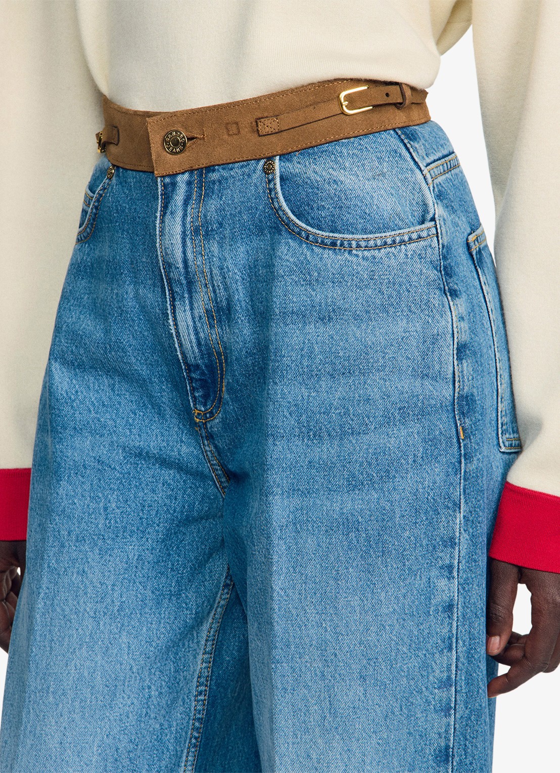 Sandro High waist straight leg jeans met details van leer - detail 2 indigo