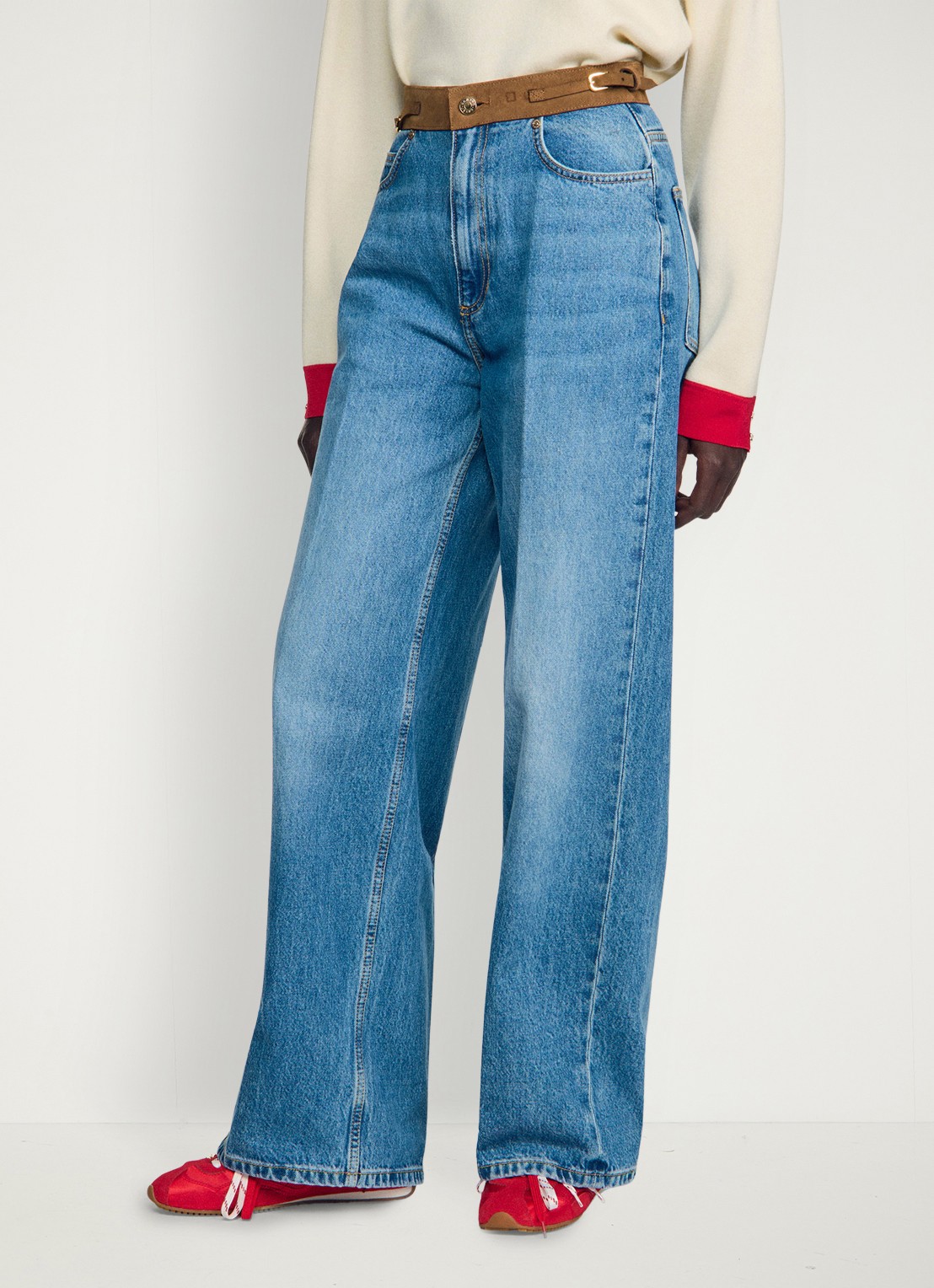 Sandro High waist straight leg jeans met details van leer - detail 3 indigo
