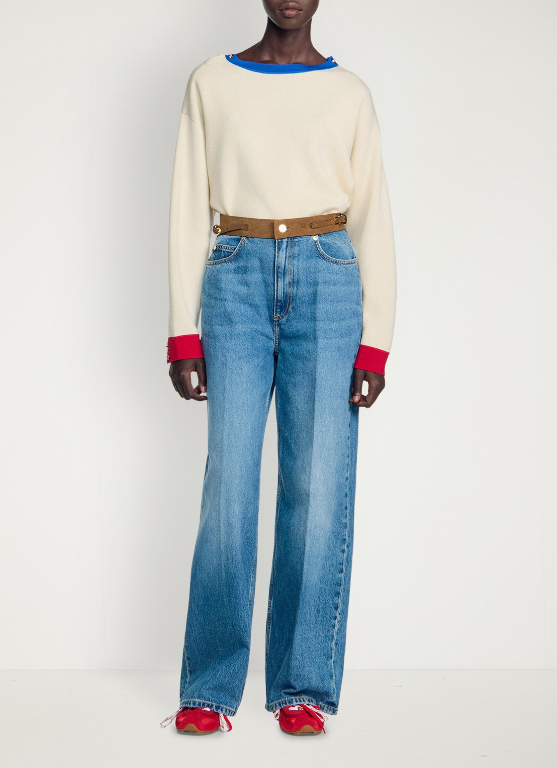 Sandro High waist straight leg jeans met details van leer - voorkant 6 indigo