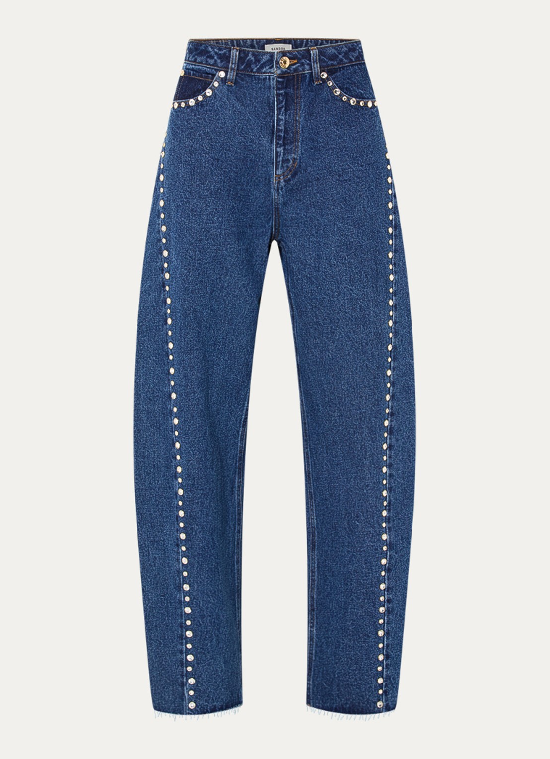 Sandro High waist straight leg jeans met donkere wassing en strass - voorkant indigo