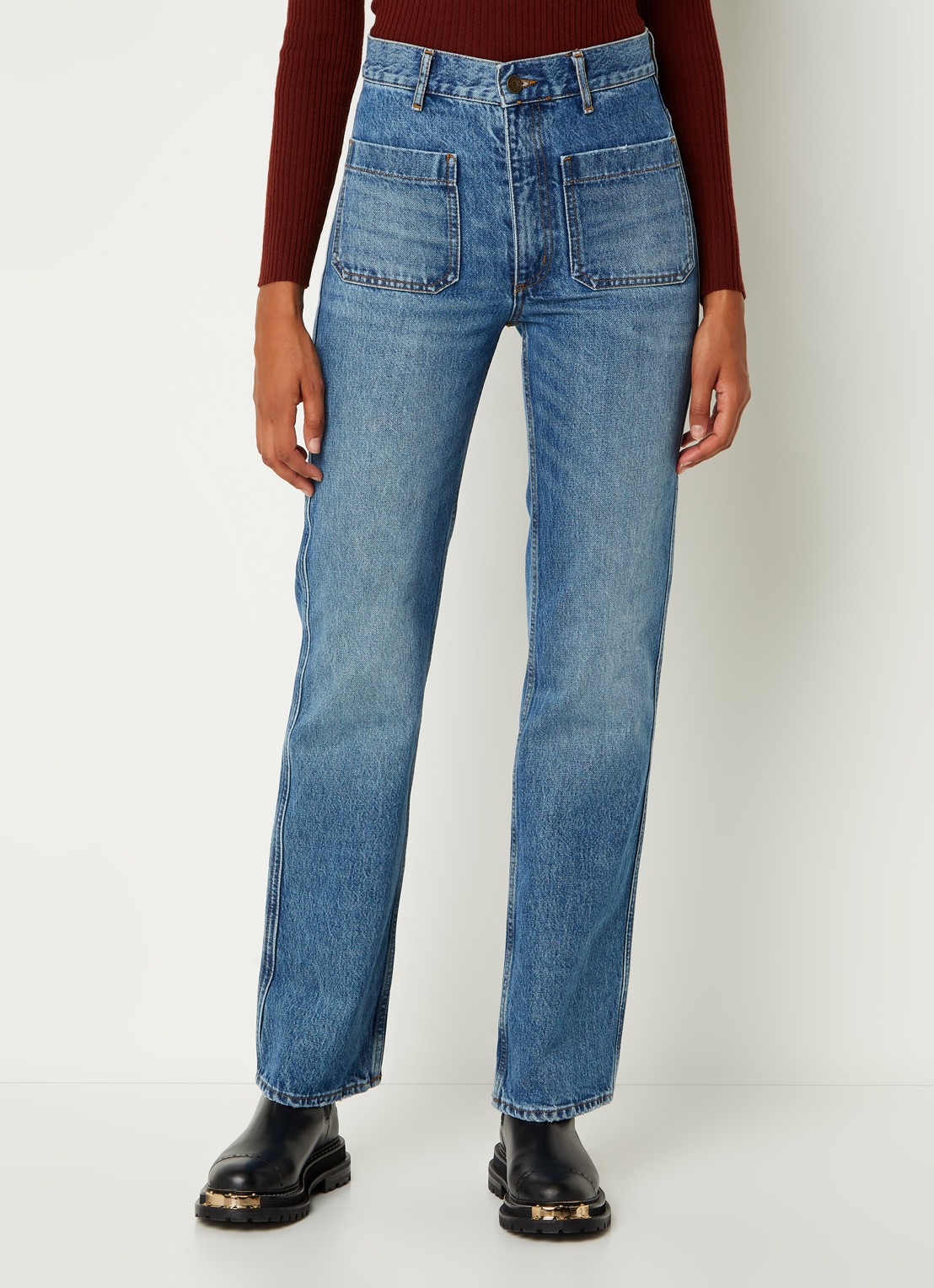 Sandro High waist straight leg jeans met medium wassing - detail indigo