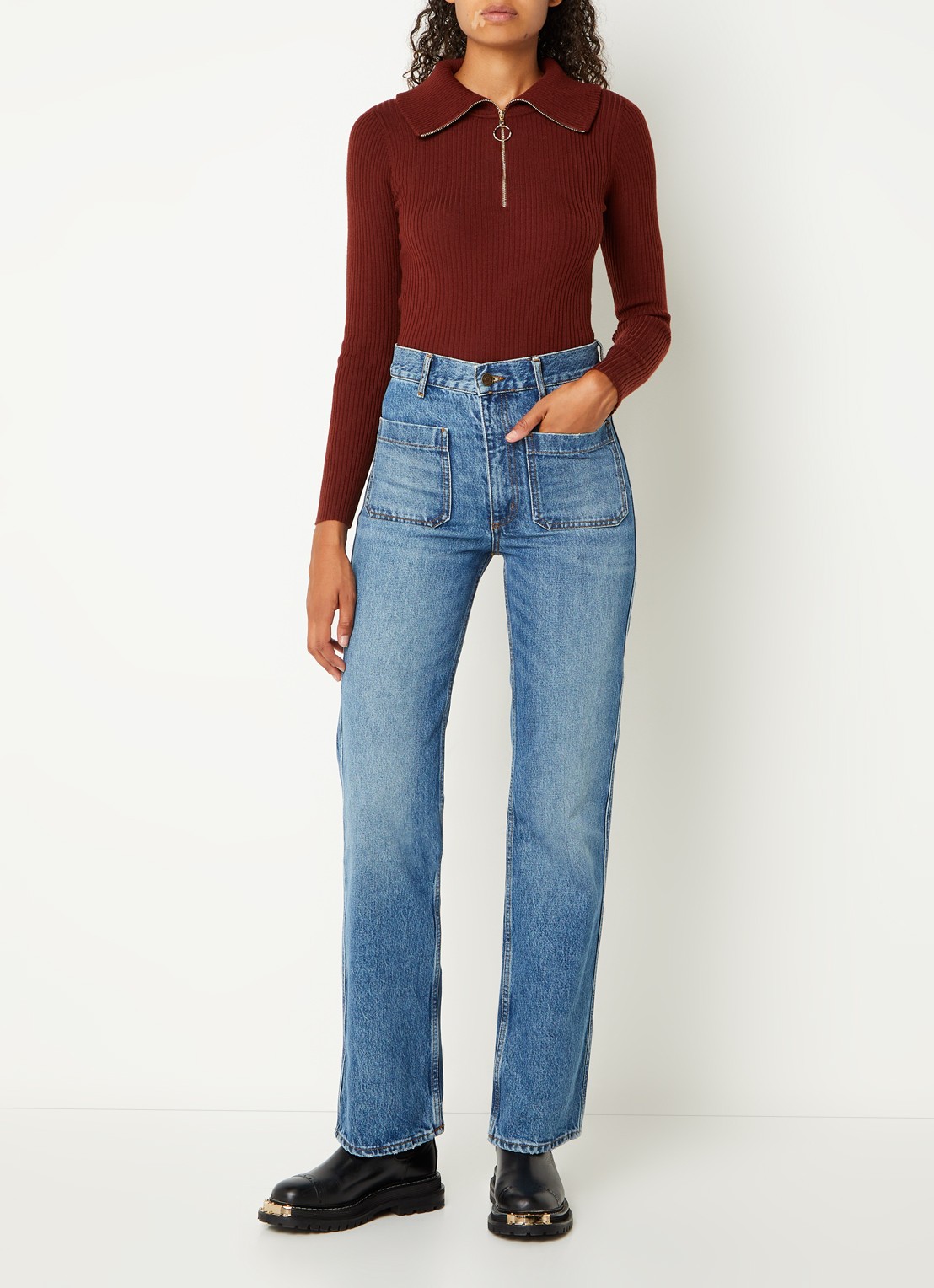 Sandro High waist straight leg jeans met medium wassing - voorkant 5 indigo