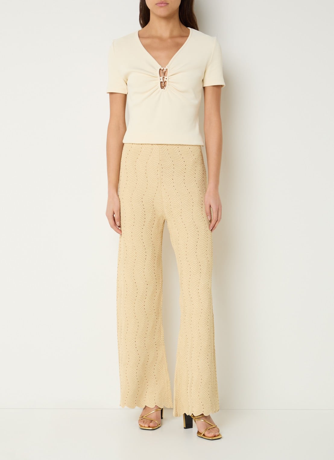 Sandro High waist wide fit broek met lurex en strass - voorkant 4 goud