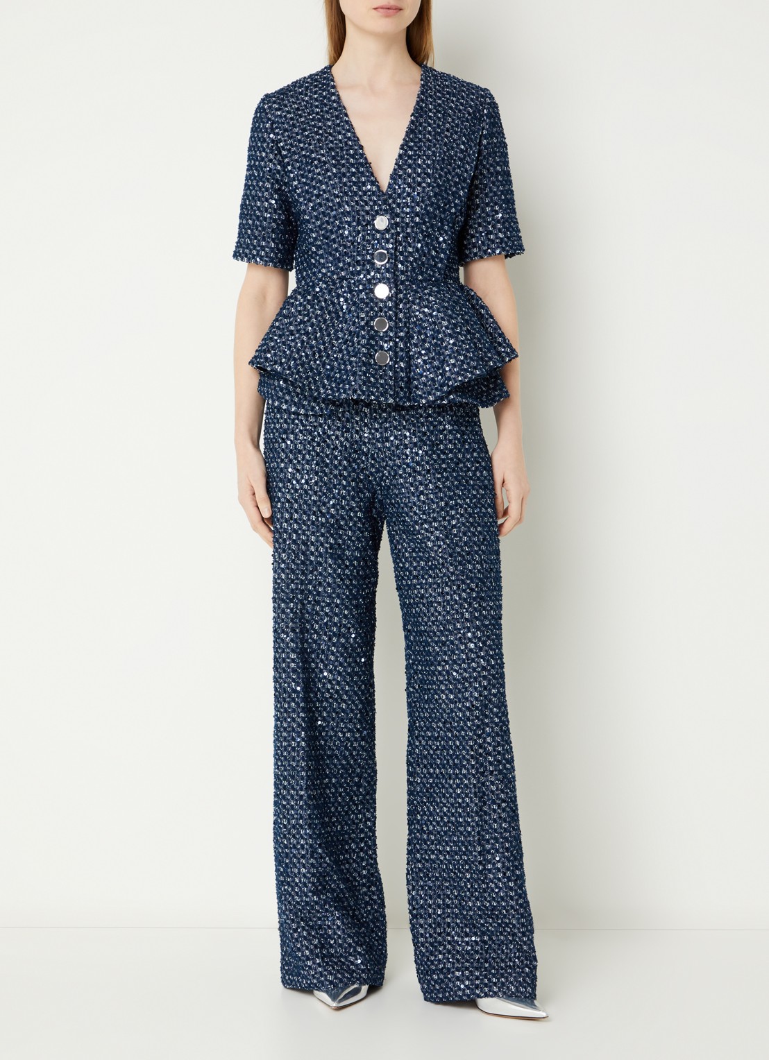 Sandro High waist wide fit broek met pailletten - voorkant 4 donkerblauw