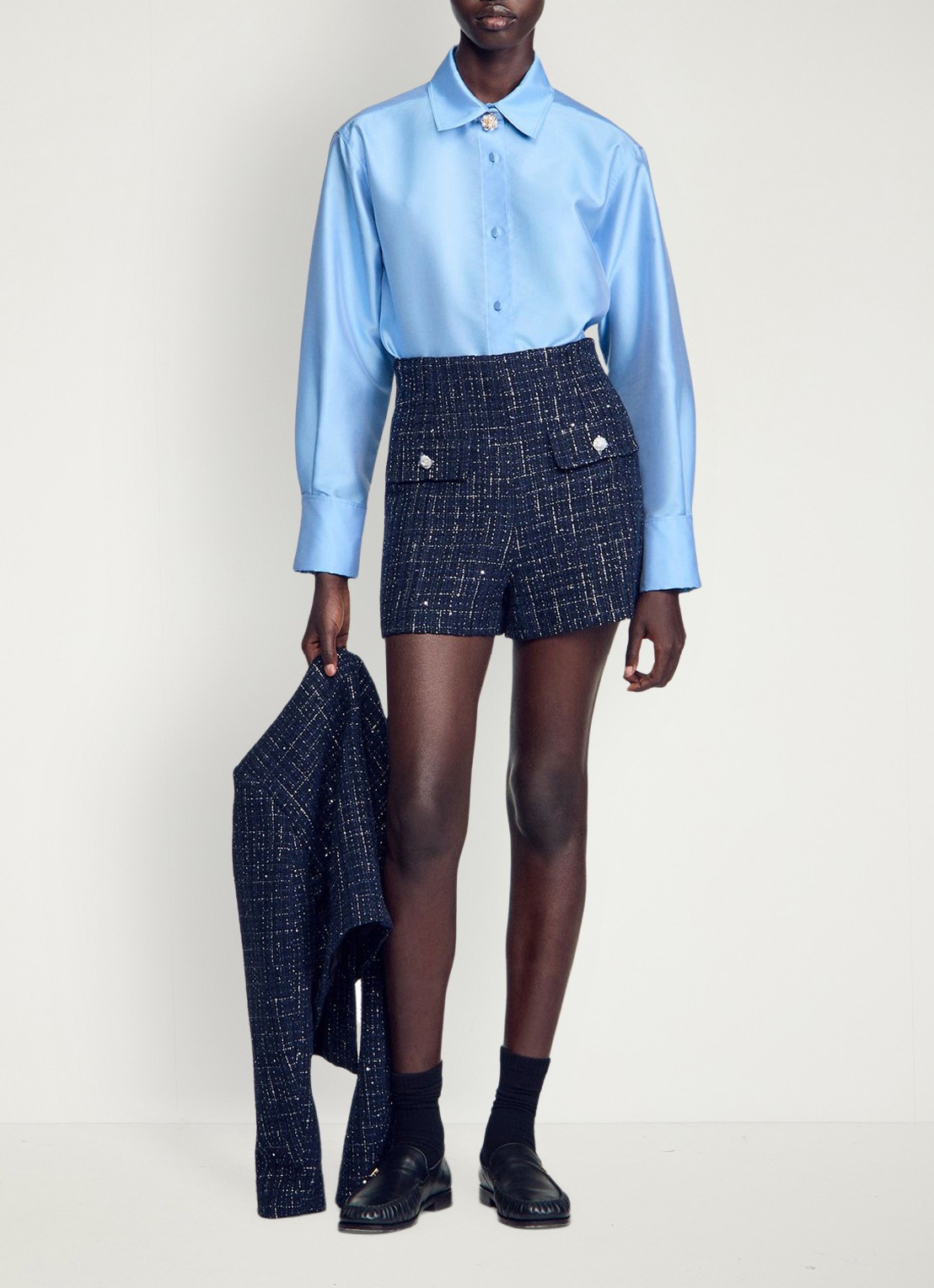 Sandro High waist wide fit korte broek met tweed-look - detail 5 donkerblauw