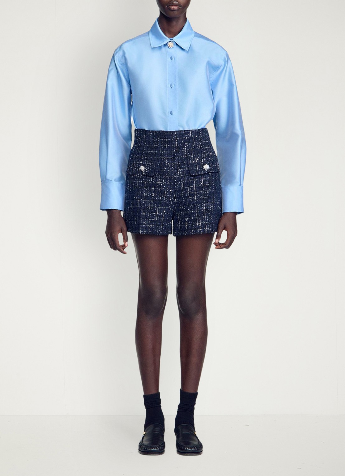 Sandro High waist wide fit korte broek met tweed-look - voorkant 2 donkerblauw