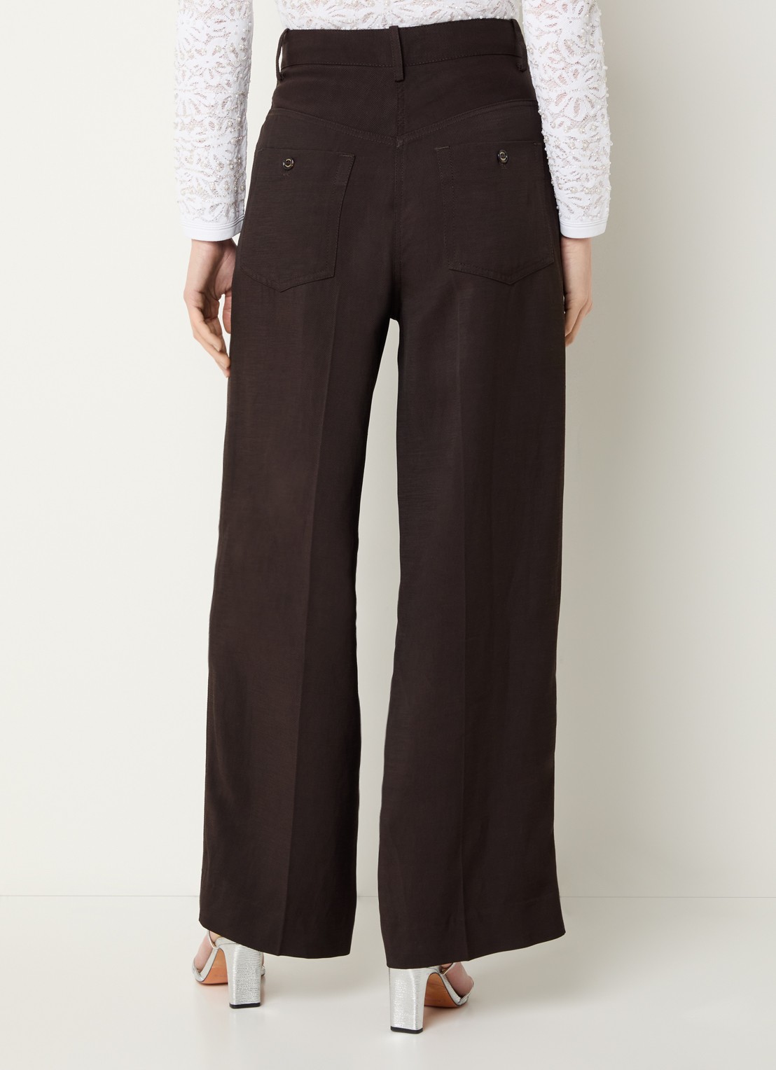 Sandro High waist wide fit pantalon in linnenblend - achterkant donkerbruin