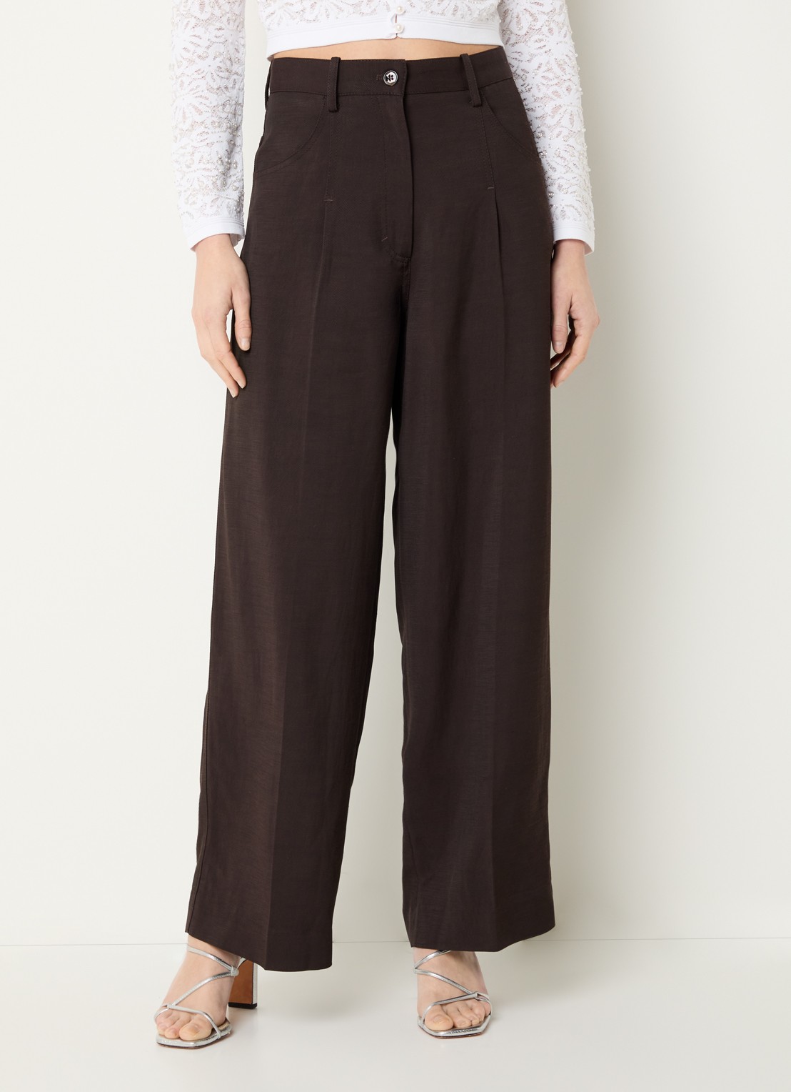 Sandro High waist wide fit pantalon in linnenblend - detail 4 donkerbruin