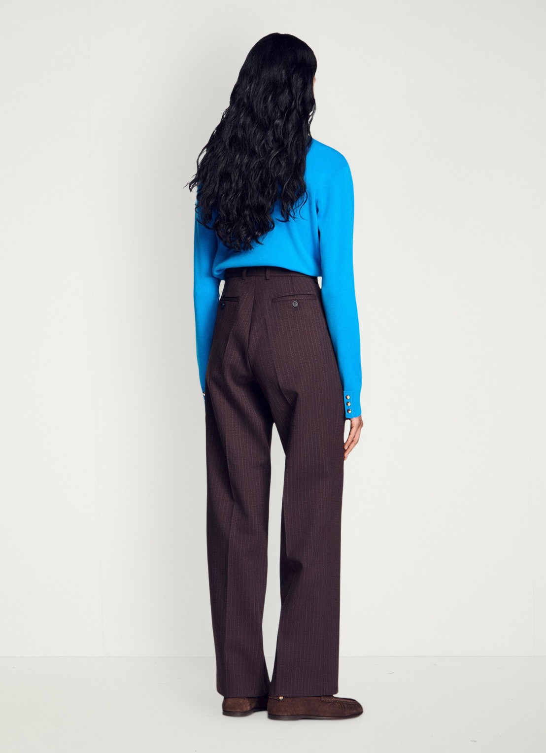 Sandro High waist wide fit pantalon in scheerwolblend met krijtstreep - achterkant 6 bruin / blauw