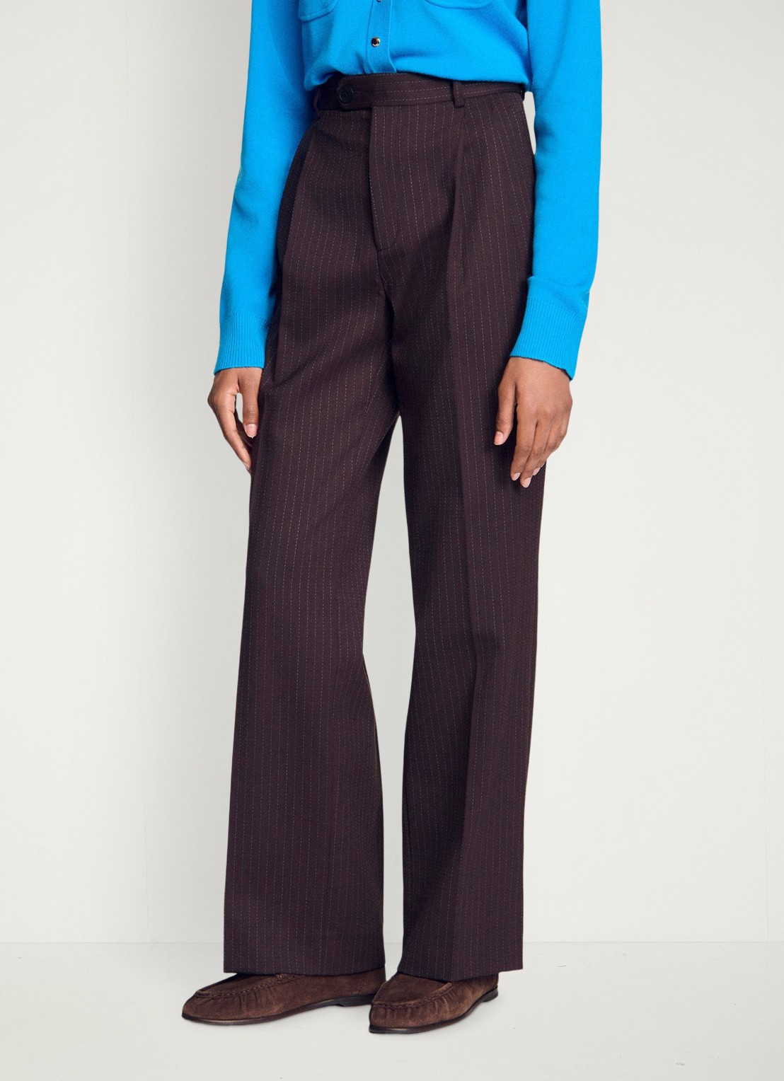 Sandro High waist wide fit pantalon in scheerwolblend met krijtstreep - detail bruin / blauw