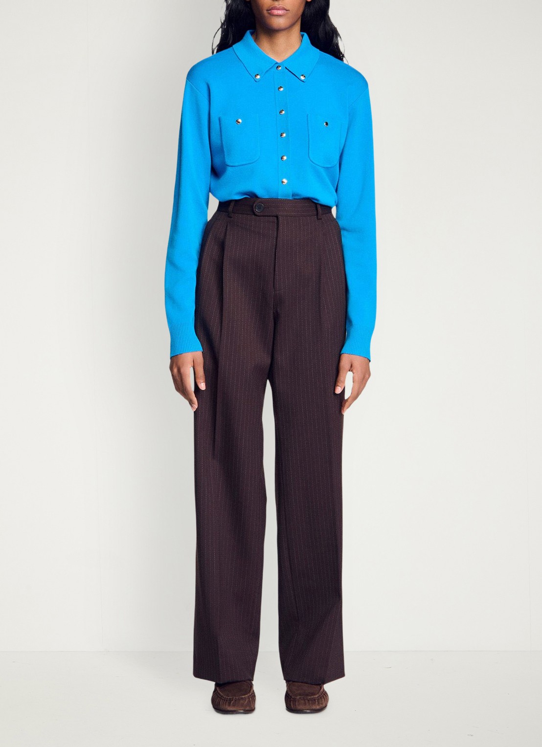 Sandro High waist wide fit pantalon in scheerwolblend met krijtstreep - detail 2 bruin / blauw