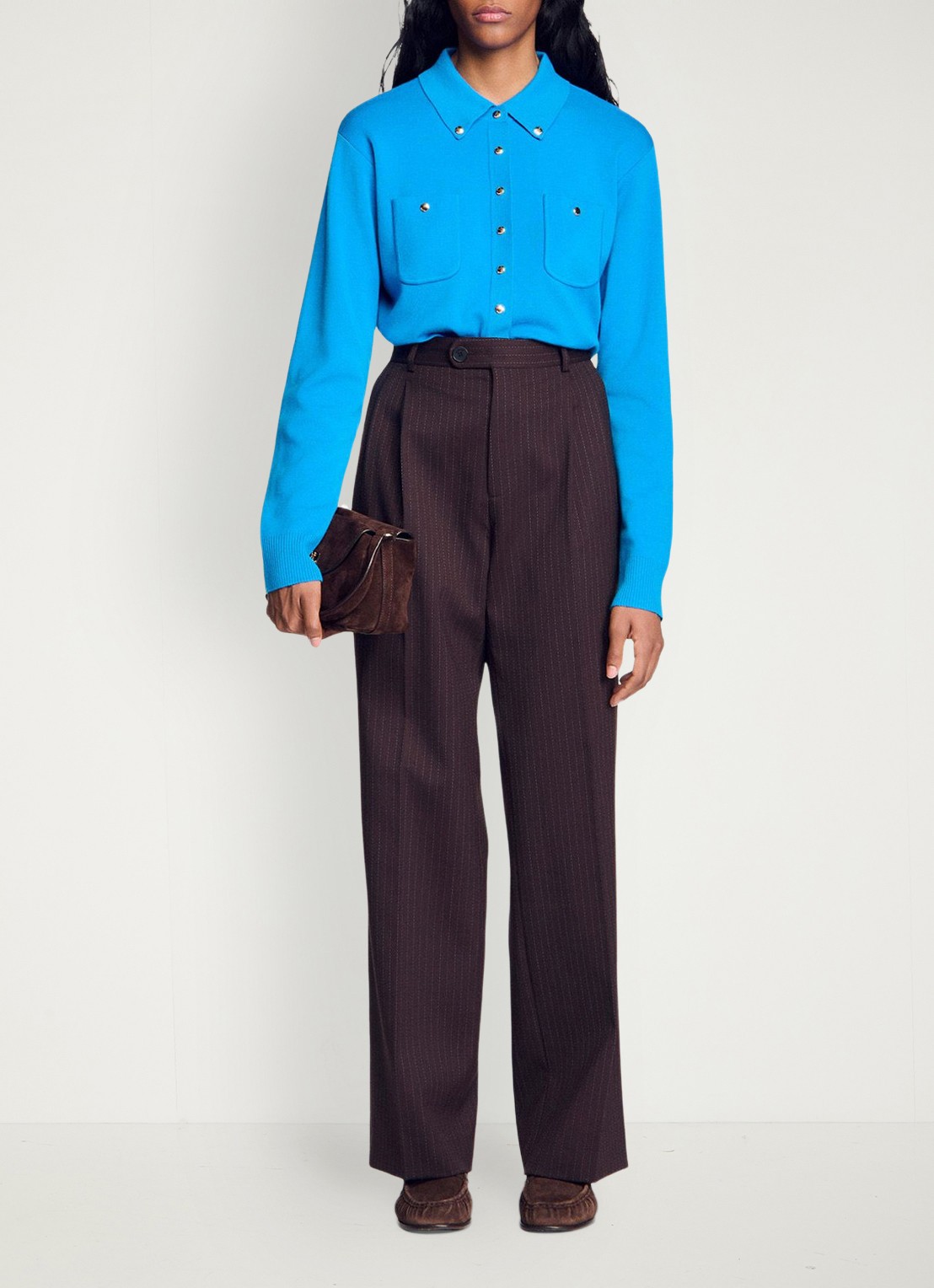 Sandro High waist wide fit pantalon in scheerwolblend met krijtstreep - voorkant 5 bruin / blauw