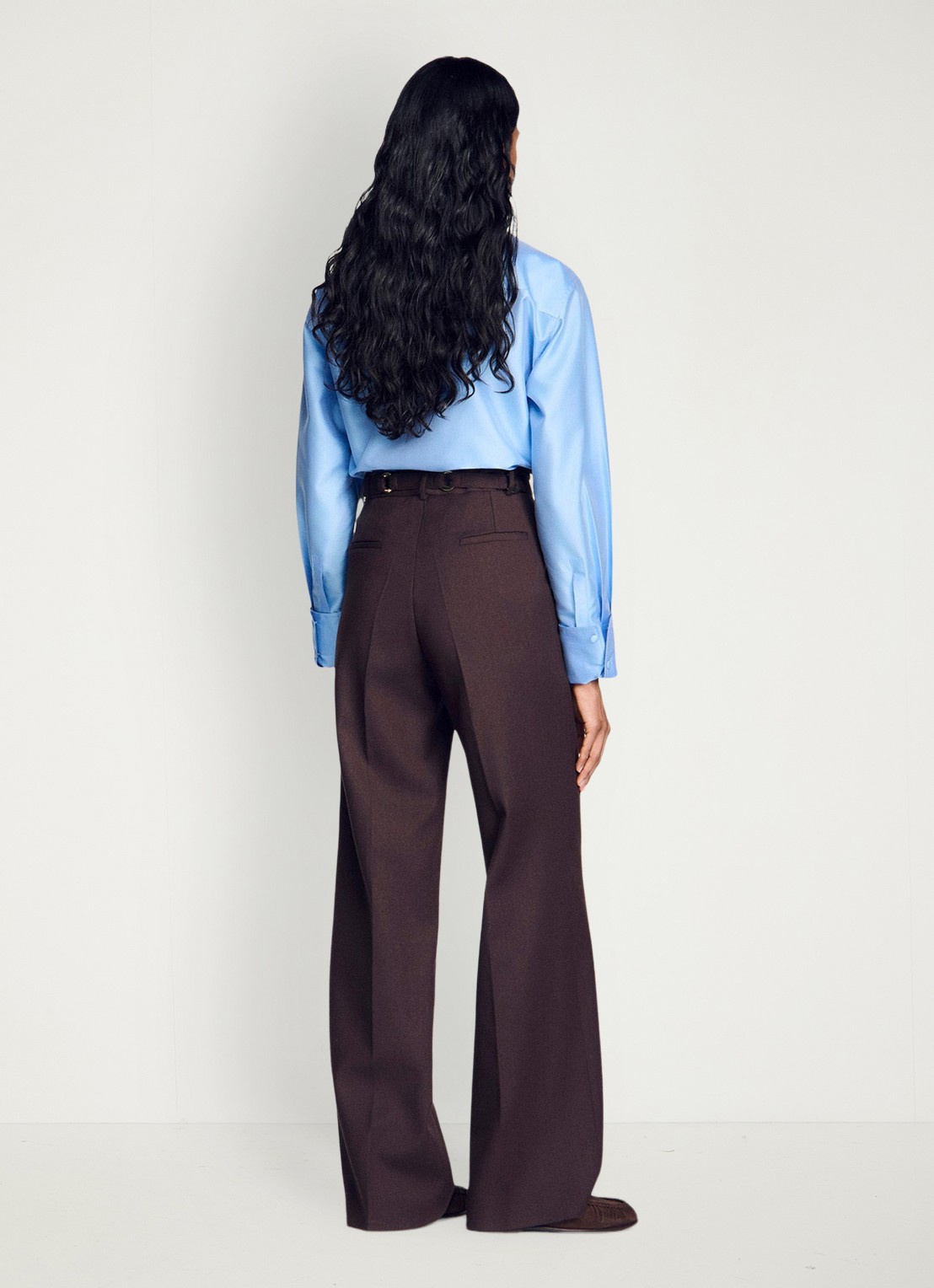Sandro High waist wide fit pantalon in wolblend met ceintuur - achterkant 7 lichtbruin
