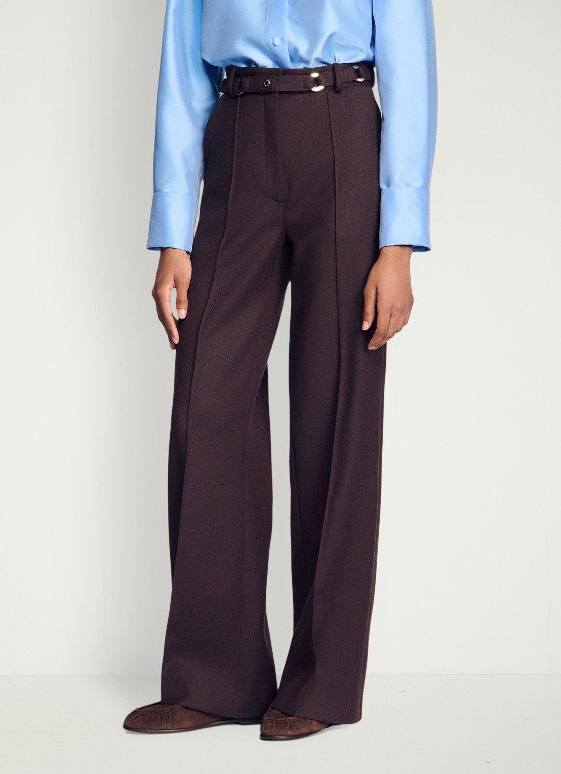 Sandro High waist wide fit pantalon in wolblend met ceintuur - detail 3 lichtbruin