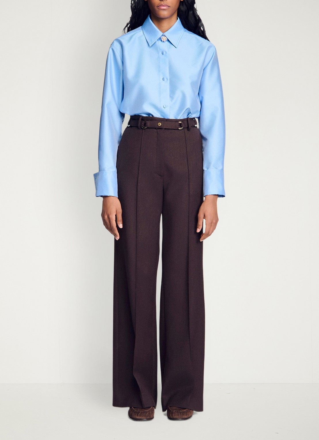 Sandro High waist wide fit pantalon in wolblend met ceintuur - detail 4 lichtbruin