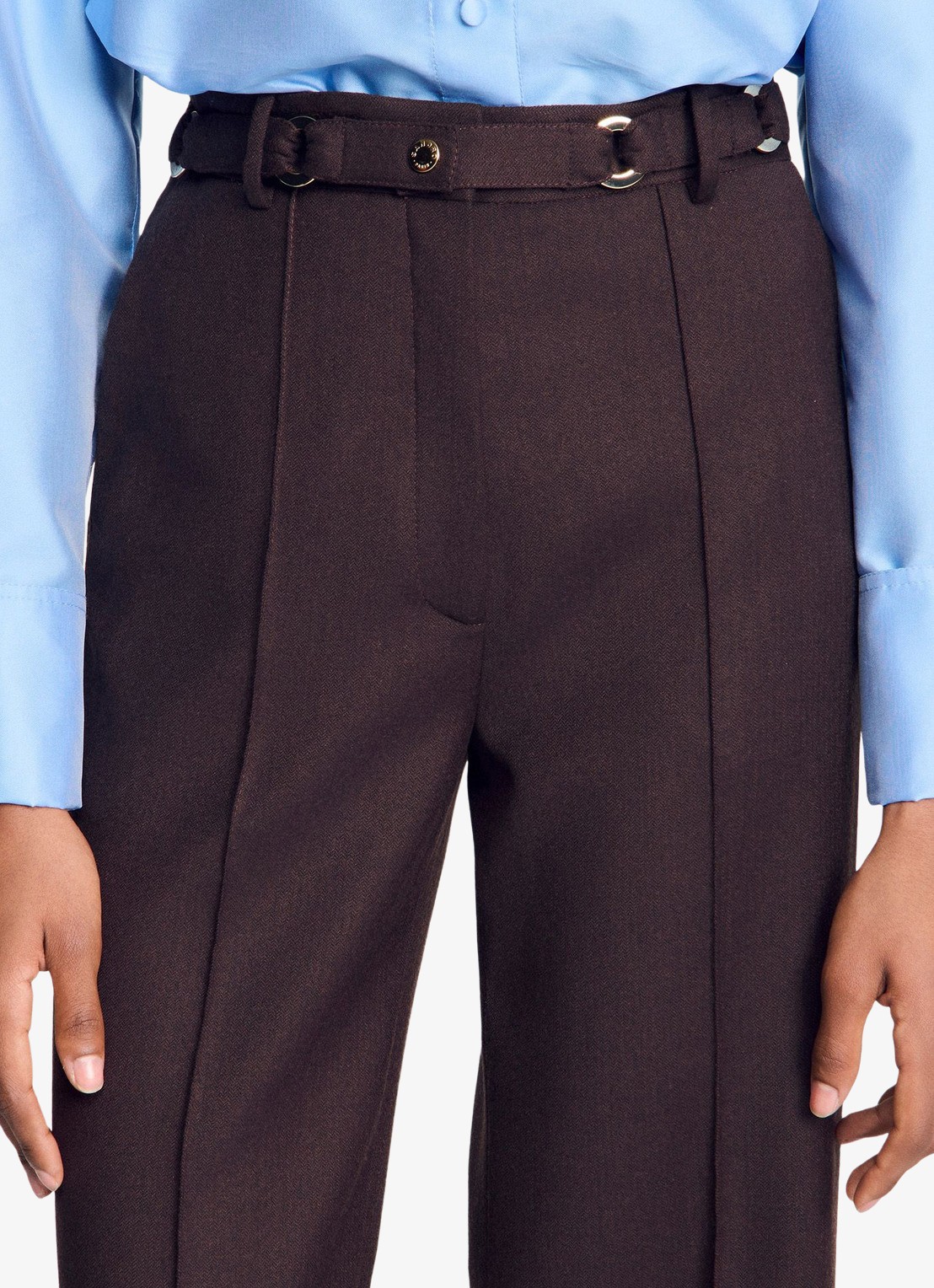 Sandro High waist wide fit pantalon in wolblend met ceintuur - detail 5 lichtbruin