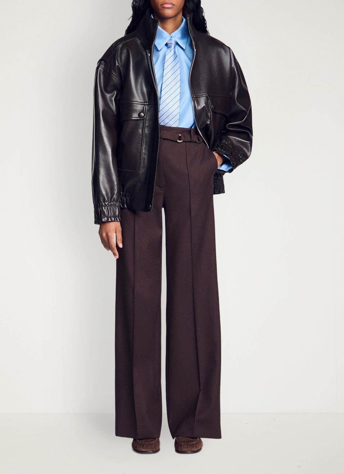 Sandro High waist wide fit pantalon in wolblend met ceintuur - detail 6 lichtbruin