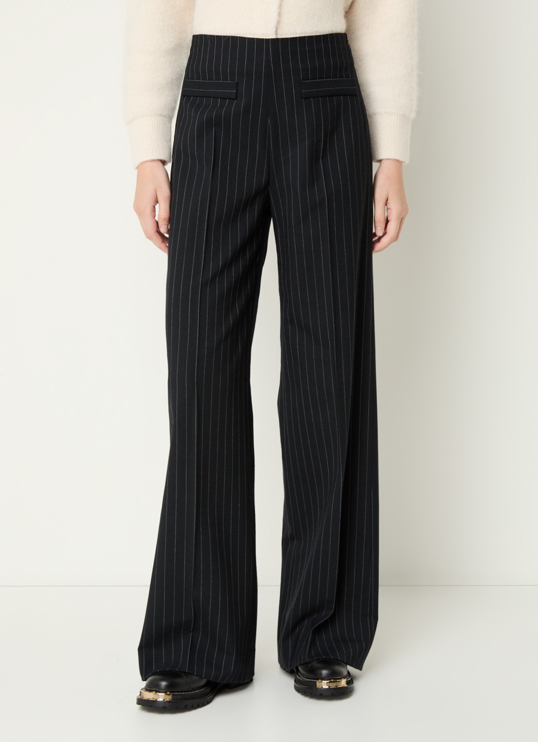 Sandro High waist wide fit pantalon in wolblend met krijtstreep - detail 4 zwart