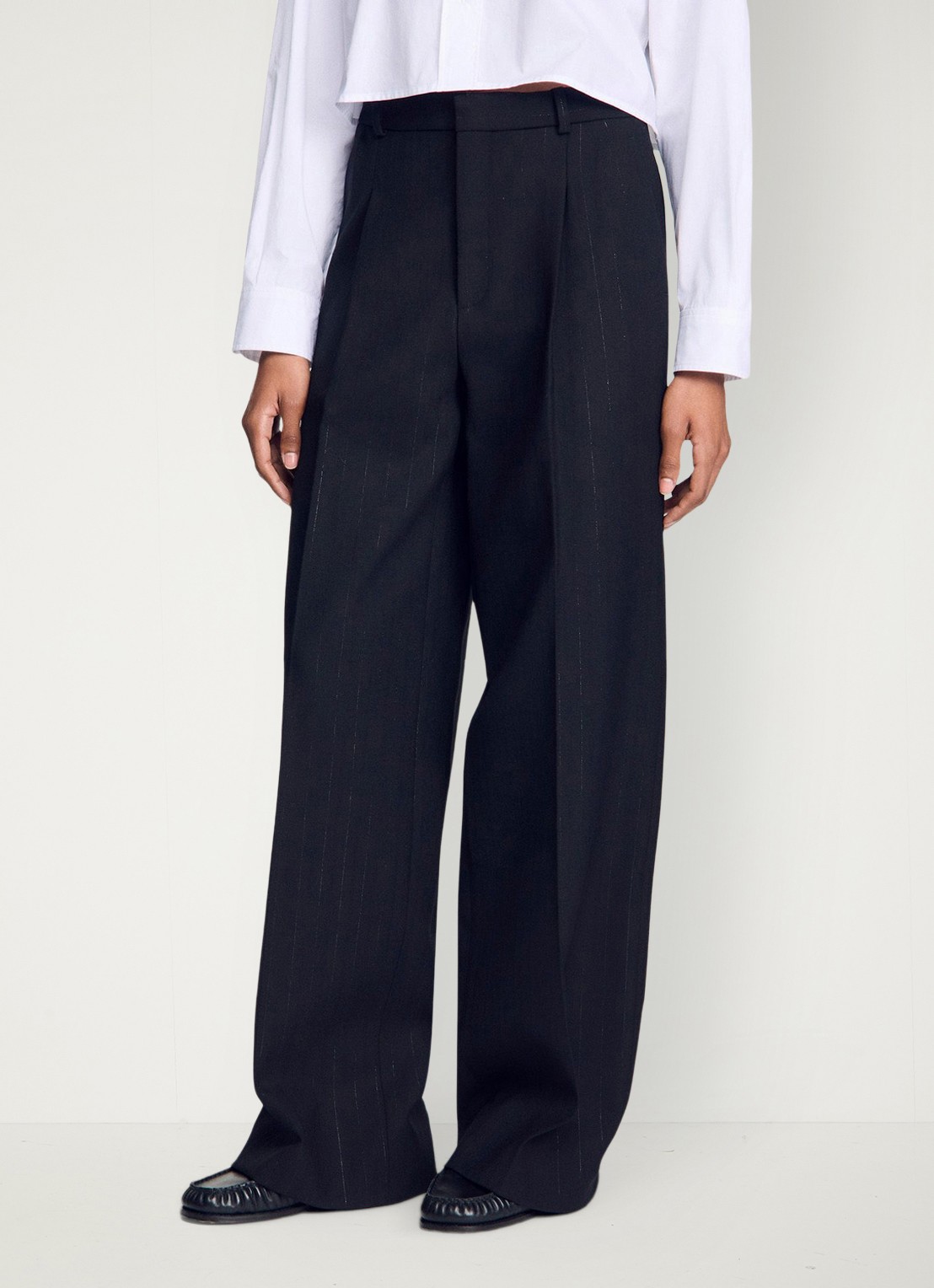 Sandro High waist wide fit pantalon in wolblend met krijtstreep - detail 3 zwart
