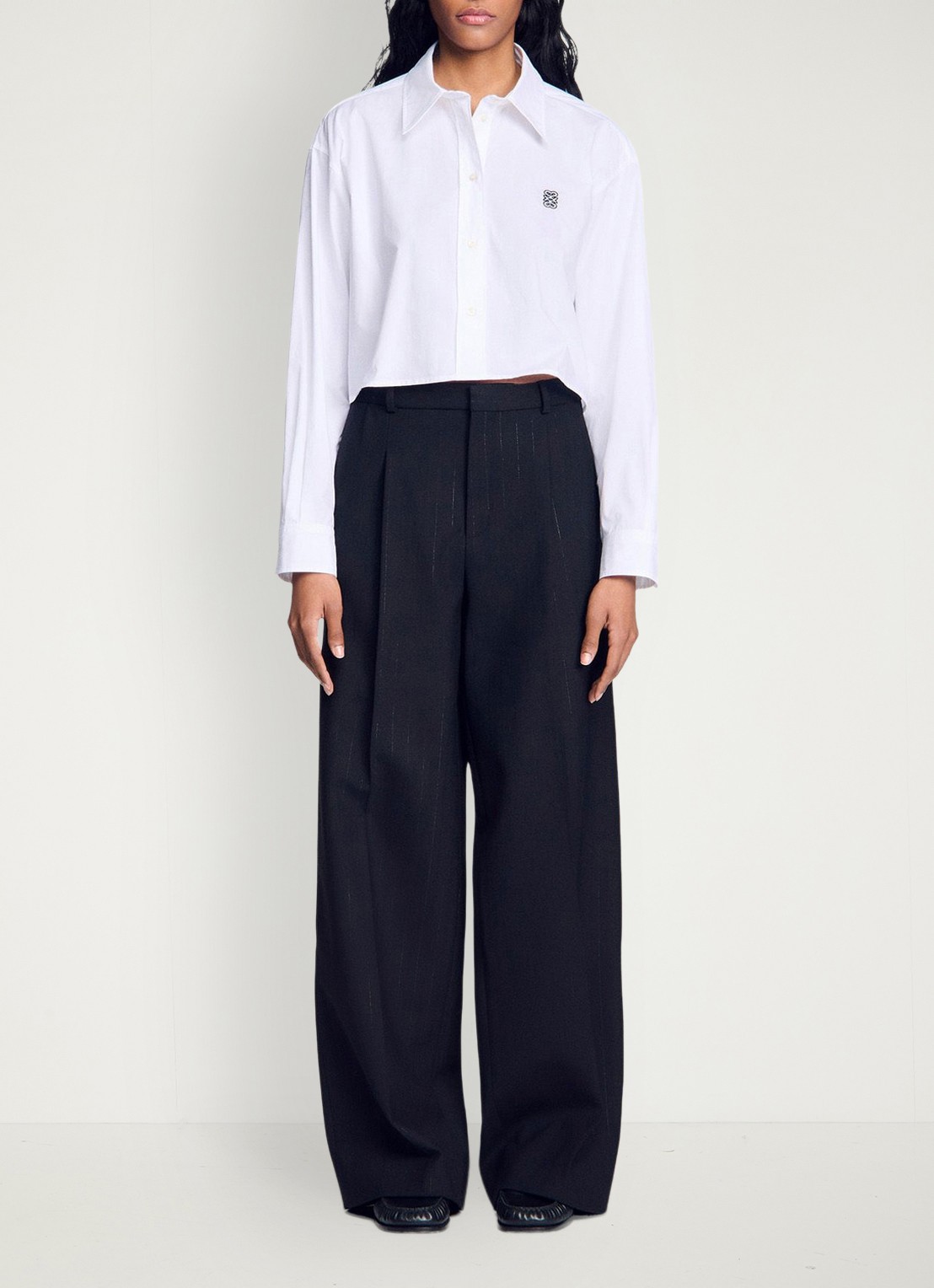 Sandro High waist wide fit pantalon in wolblend met krijtstreep - detail 4 zwart
