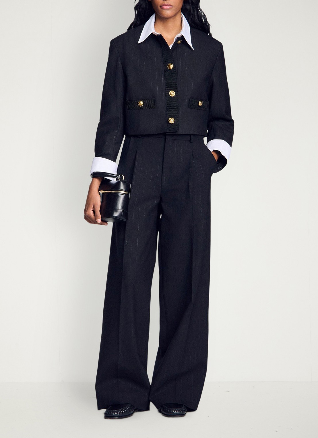 Sandro High waist wide fit pantalon in wolblend met krijtstreep - voorkant 2 zwart