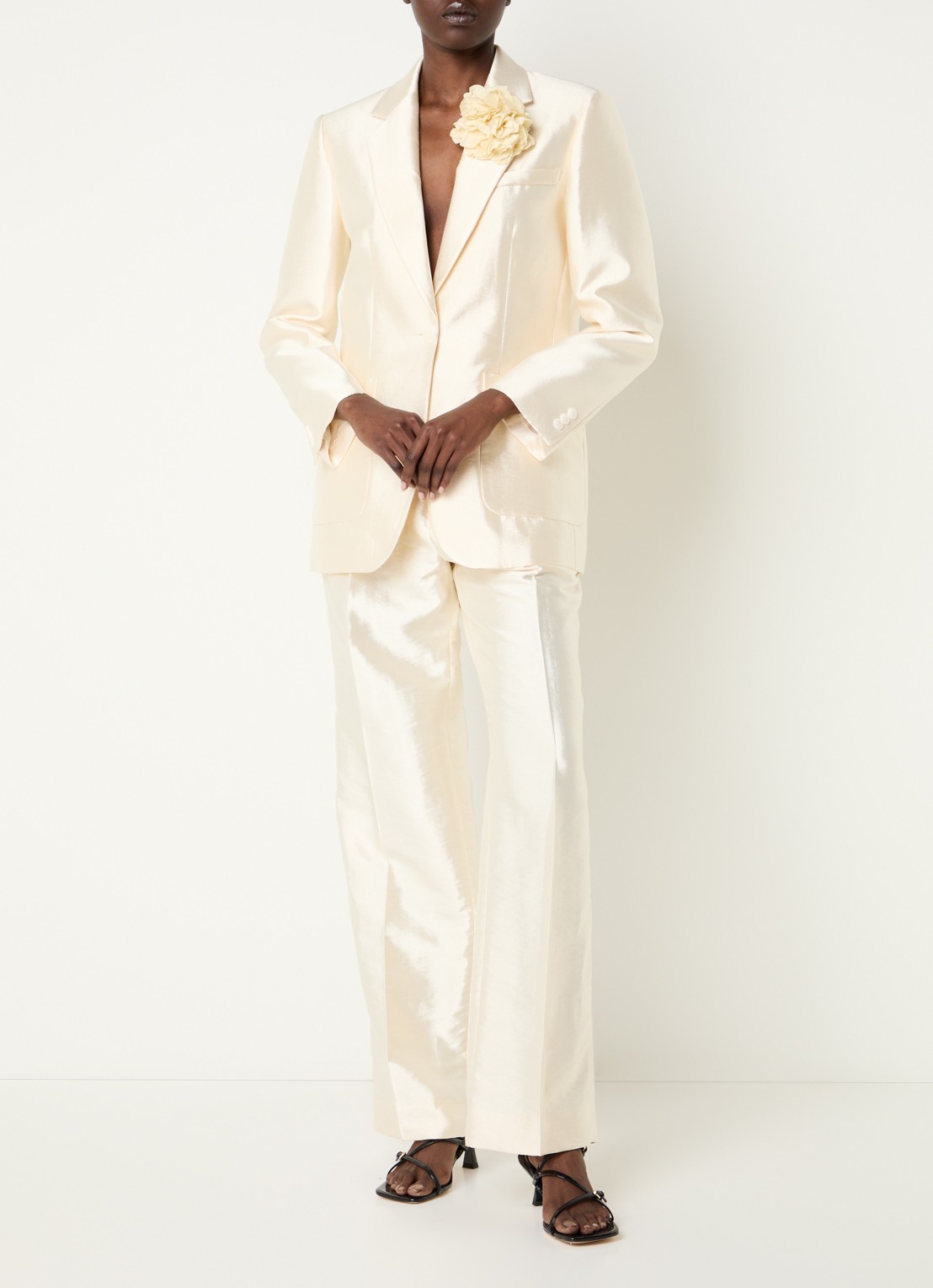 Sandro High waist wide fit pantalon met glanzende finish - voorkant 4 ivoor